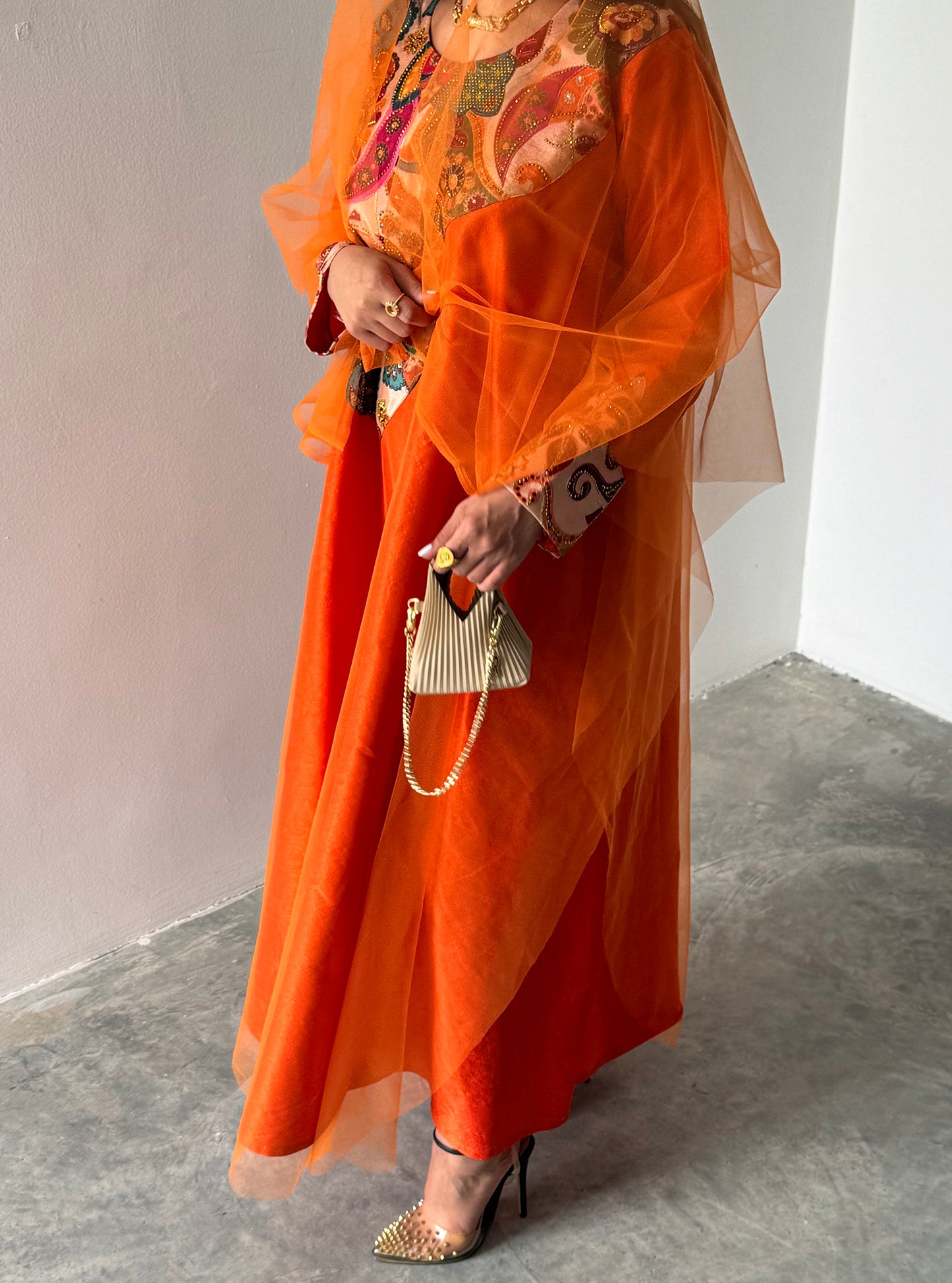 LS187 Orange Acut Modest Dress