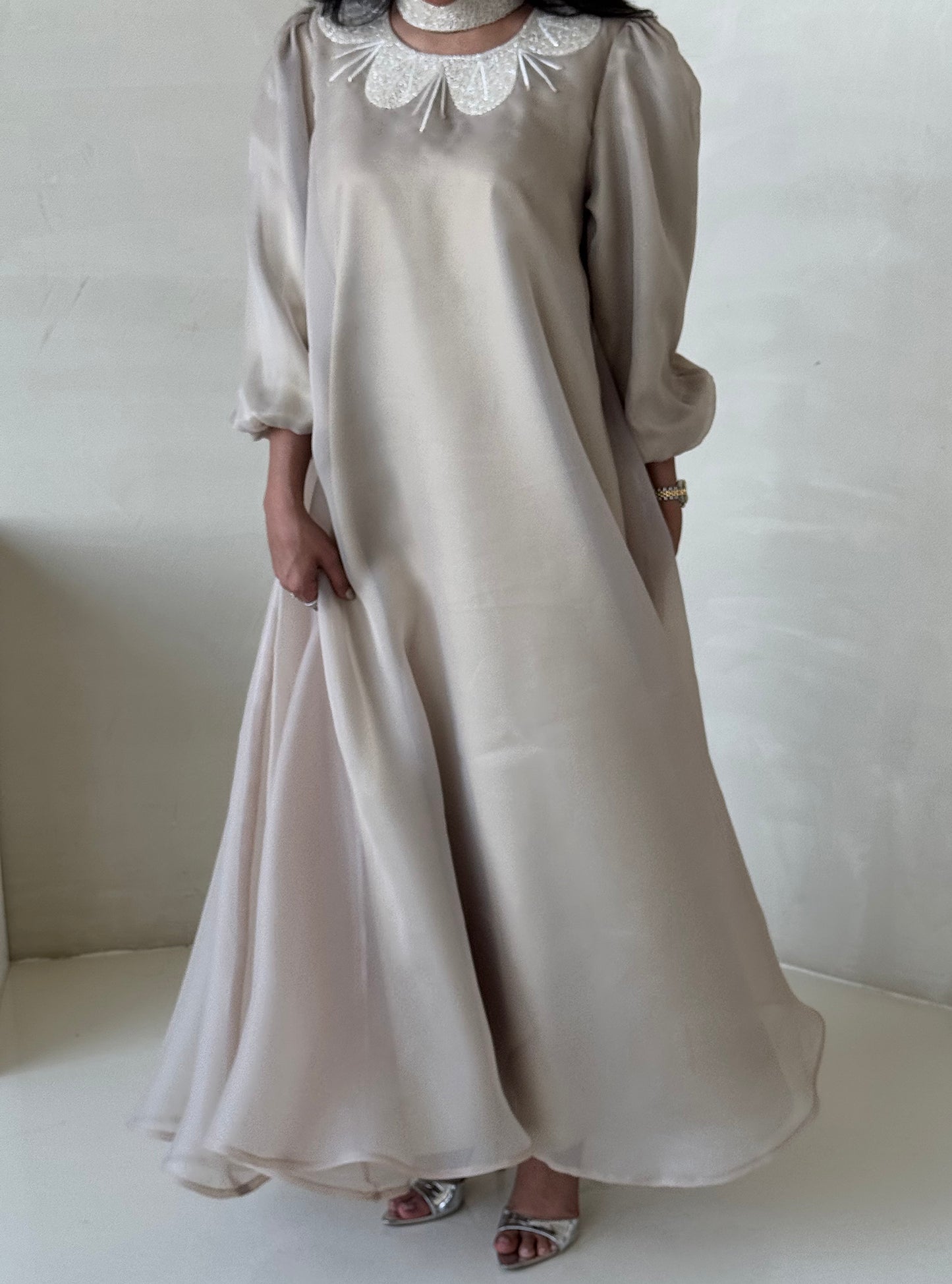 LS166 Beige Cloush Acut Modest Dress