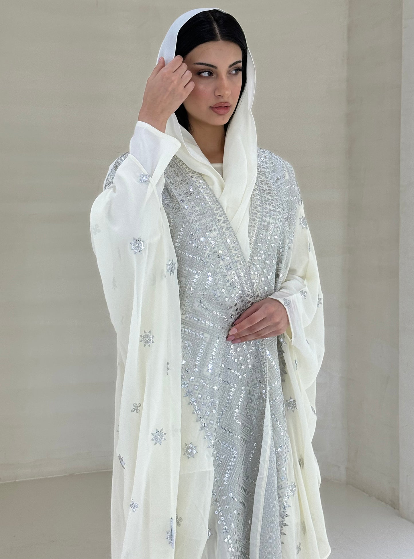 LS158 - Off white Bisht Cut Embroided Abaya