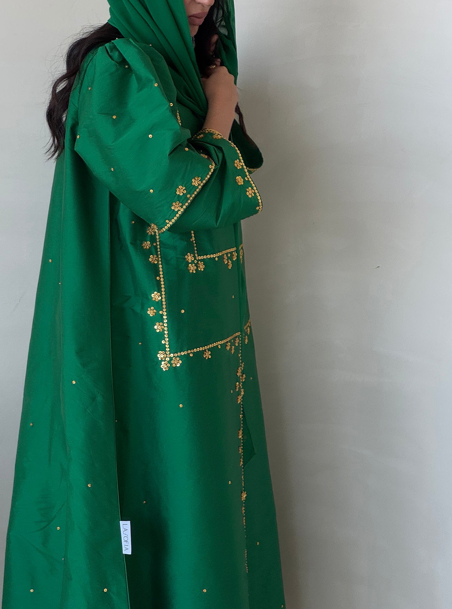 LS168 Green Cloush Cut Modest Dress