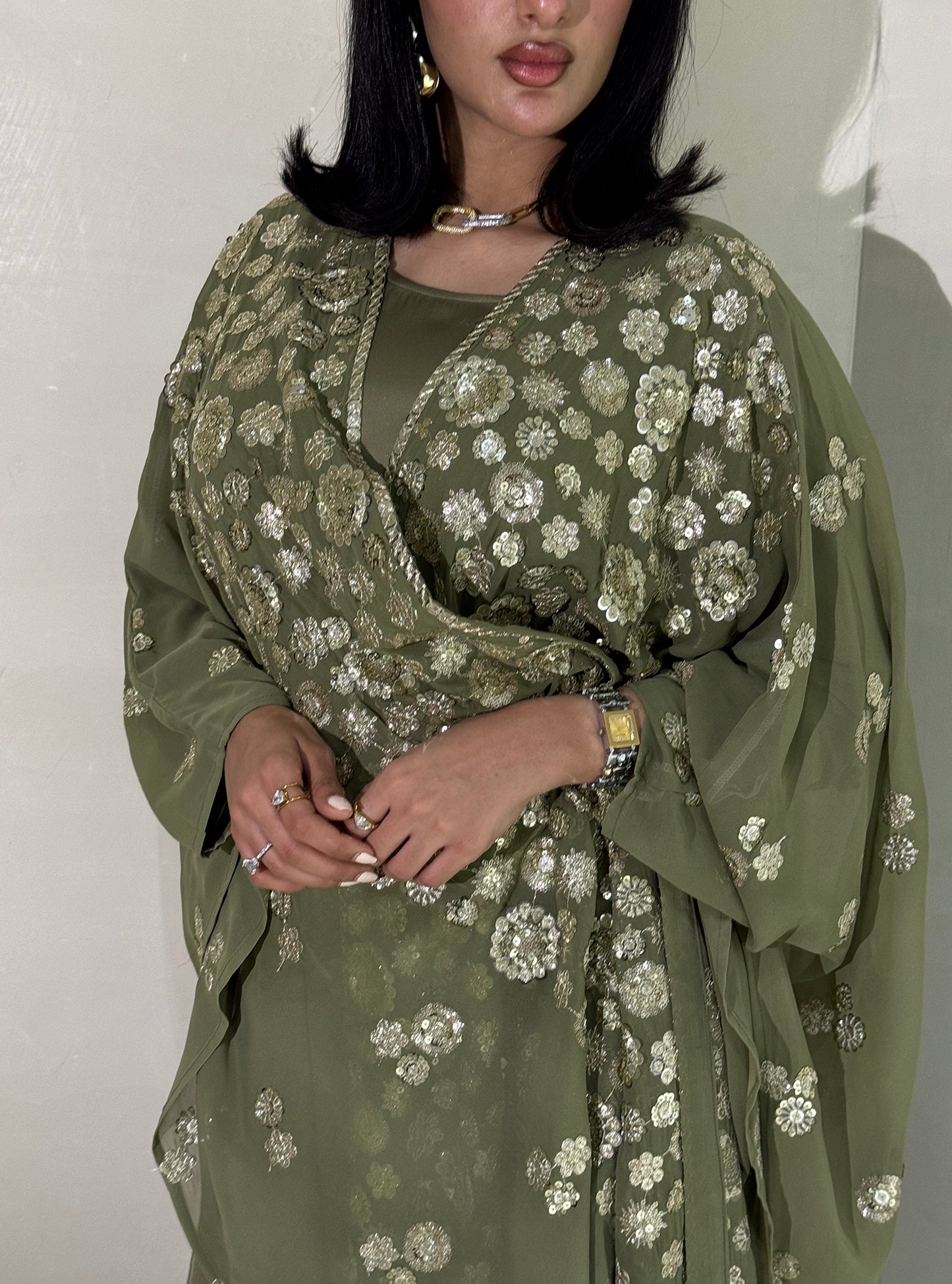 LS170 Mint Green Bisht Cut Evening Wear