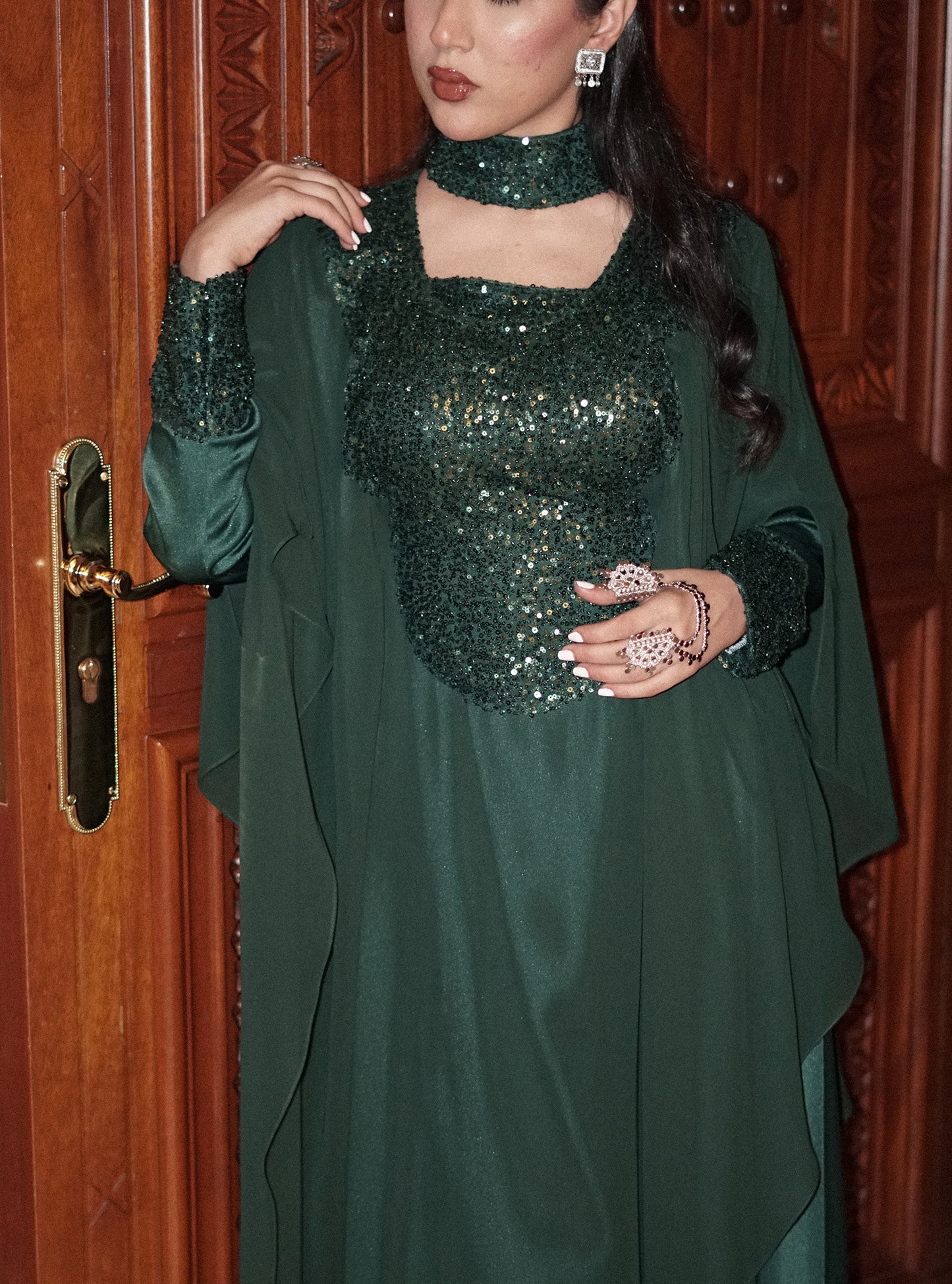 LS175 Green Half Bisht Cut Dress