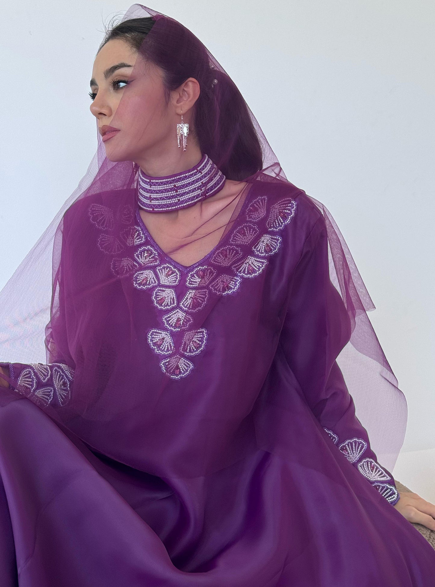 LS185 High neck Purple Acut M0dest Dress