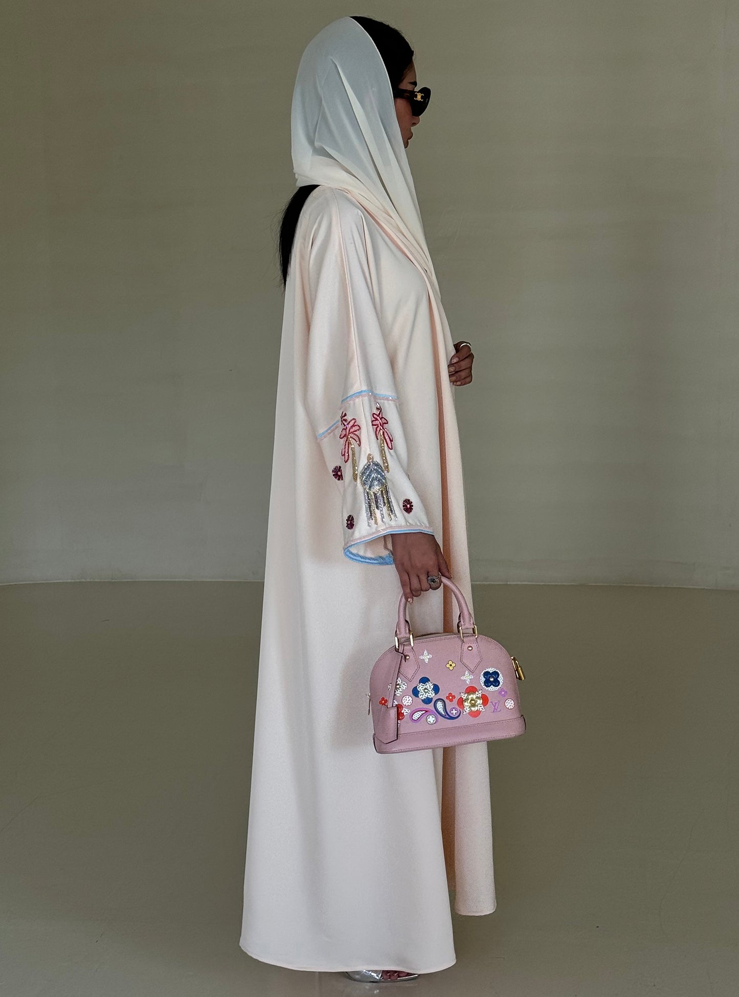 LS157 Beige  Acut Summary Embroidery Abaya