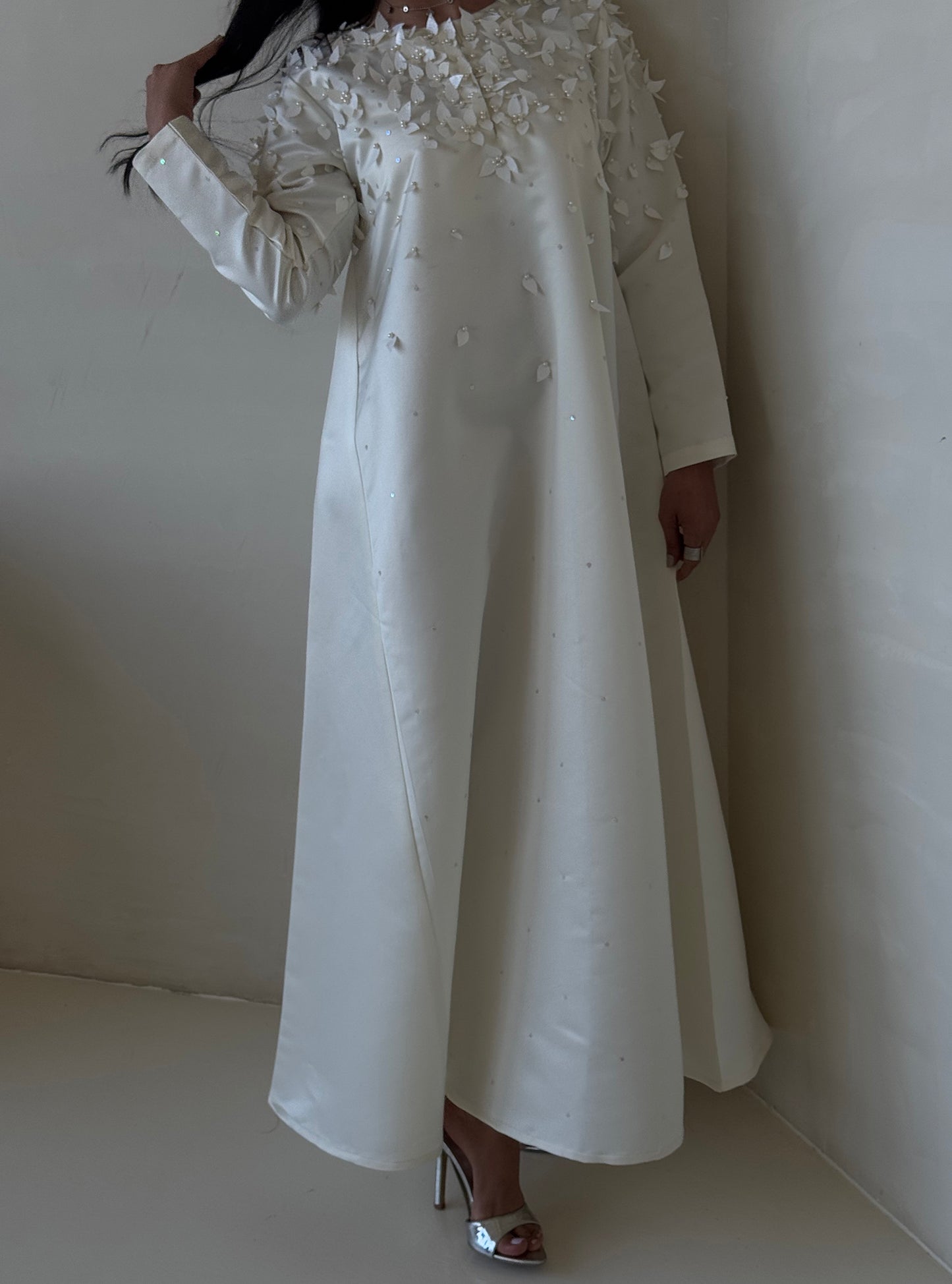 LS167 White Cloush Cut Modest Dress
