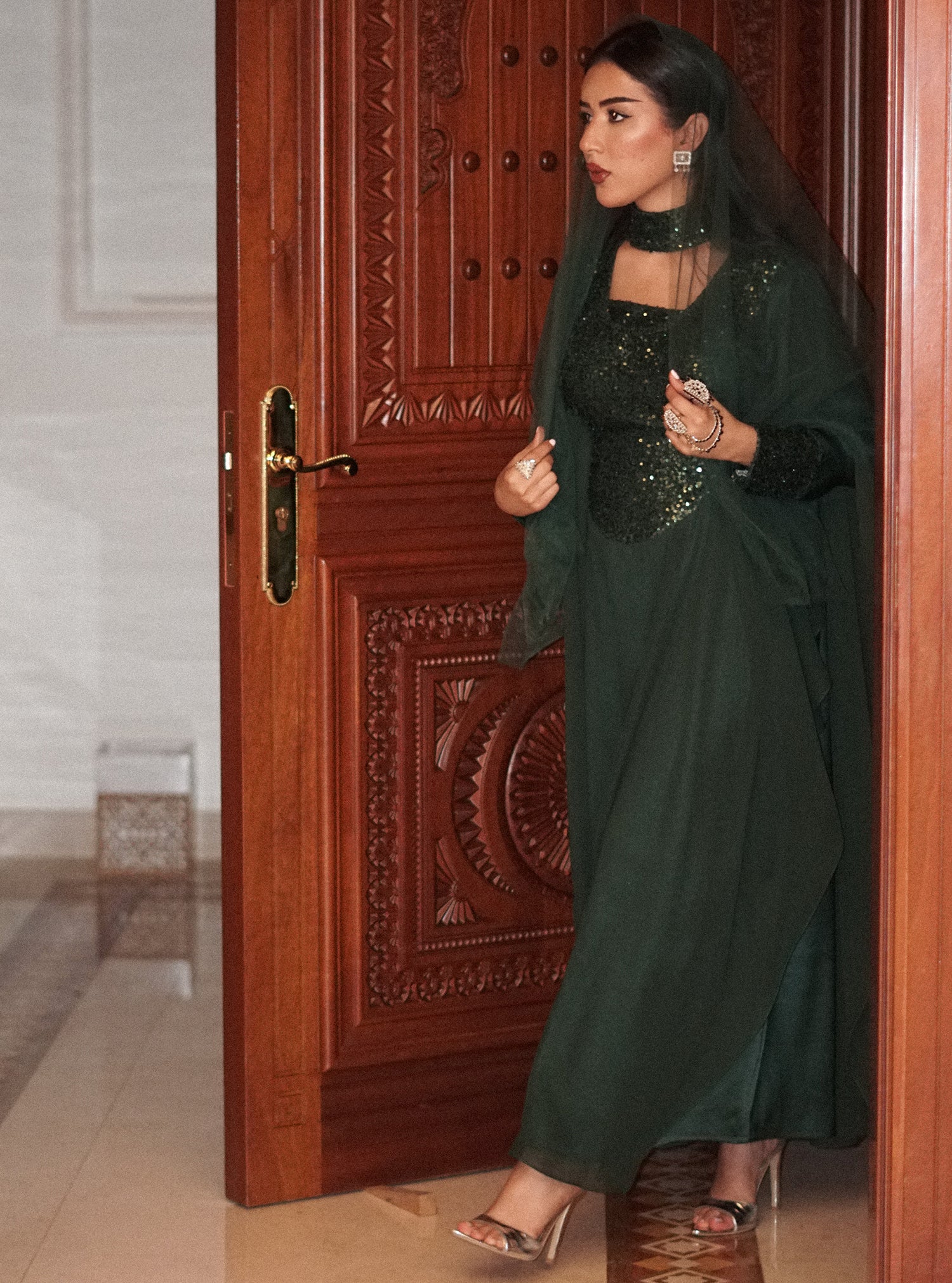LS175 Green Half Bisht Cut Dress