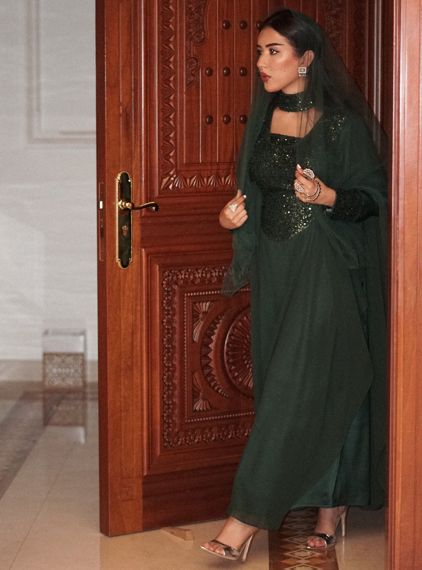 LS175 Green Half Bisht Cut Dress