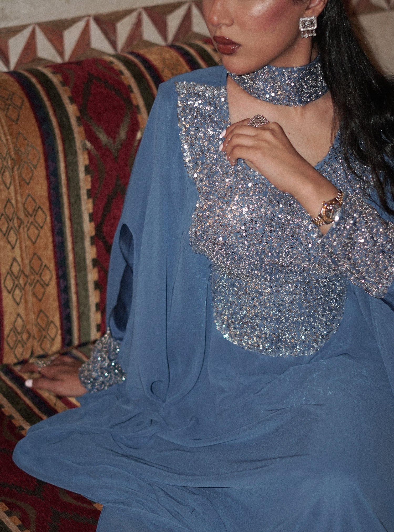 LS177 Blue Half Bisht Modest Dress