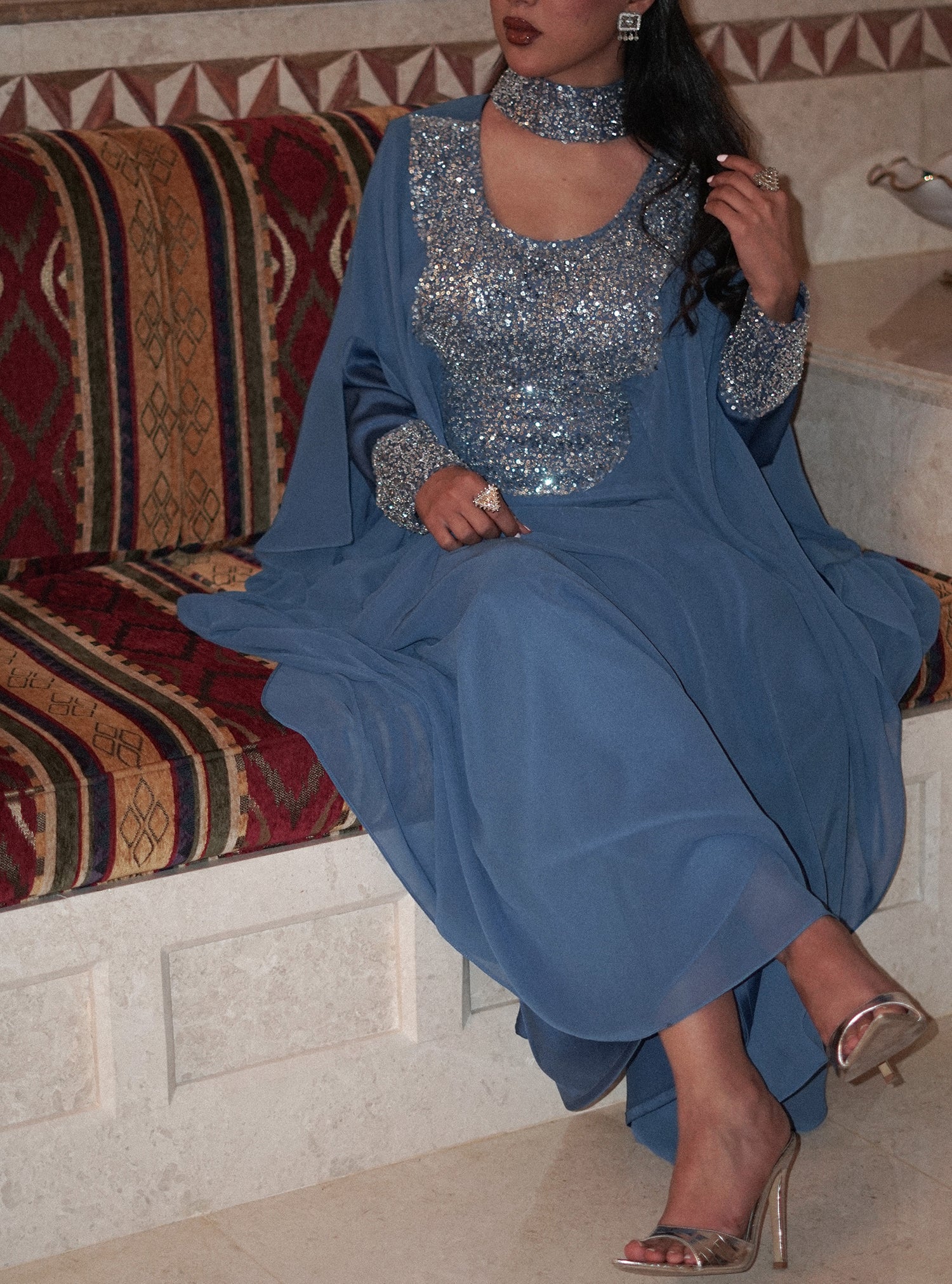 LS177 Blue Half Bisht Modest Dress