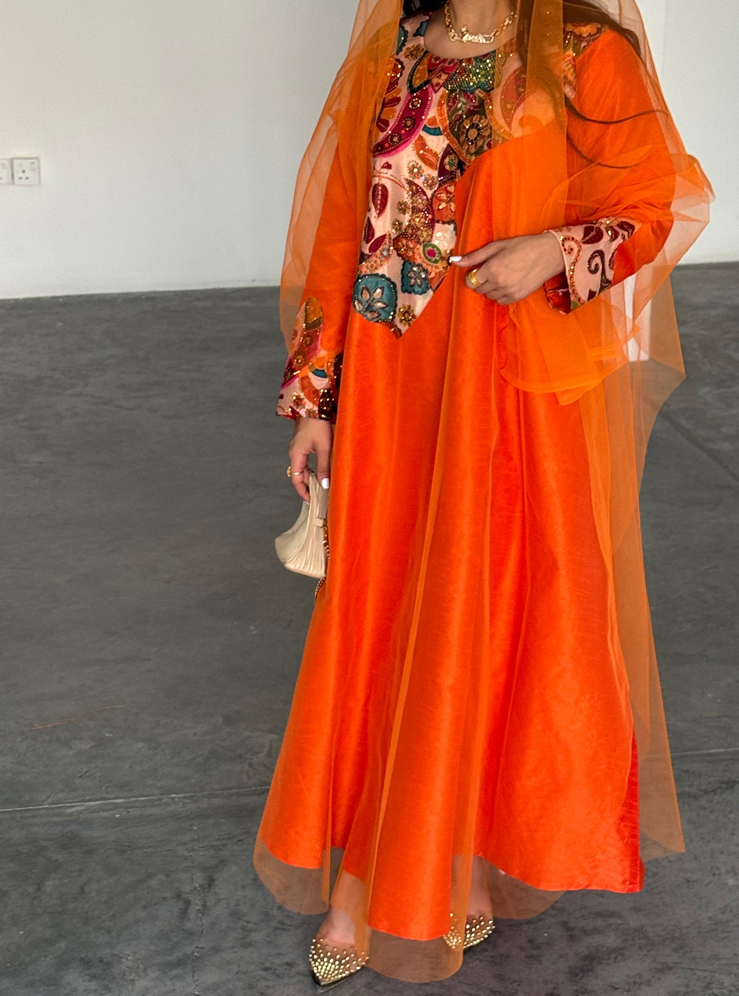 LS187 Orange Acut Modest Dress