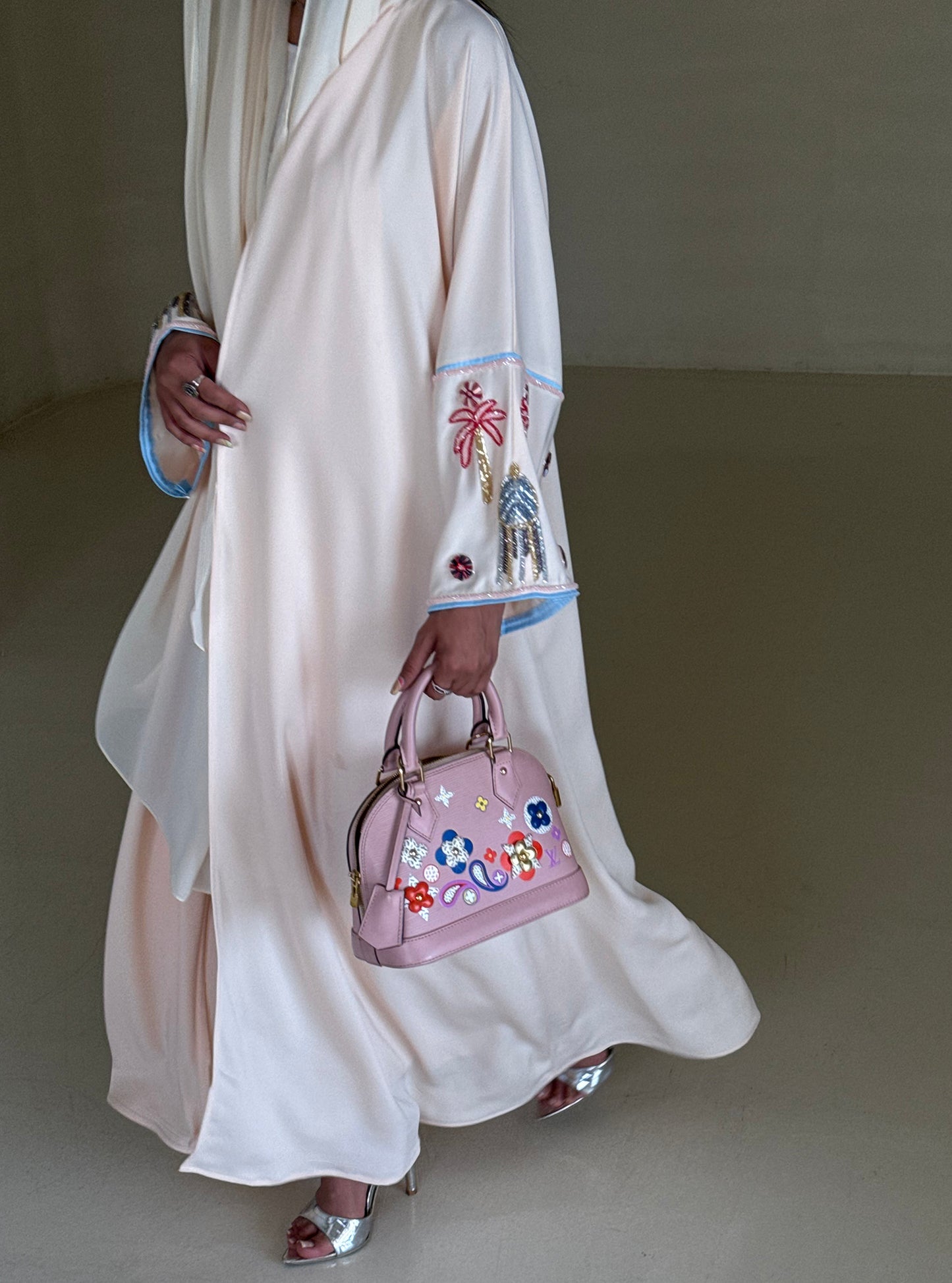 LS157 Beige  Acut Summary Embroidery Abaya