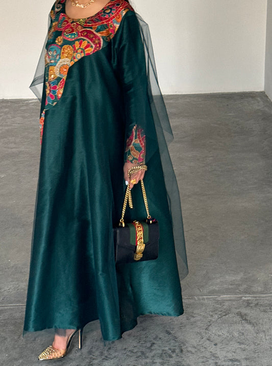 LS189 Dark Green Acut Modest Dress