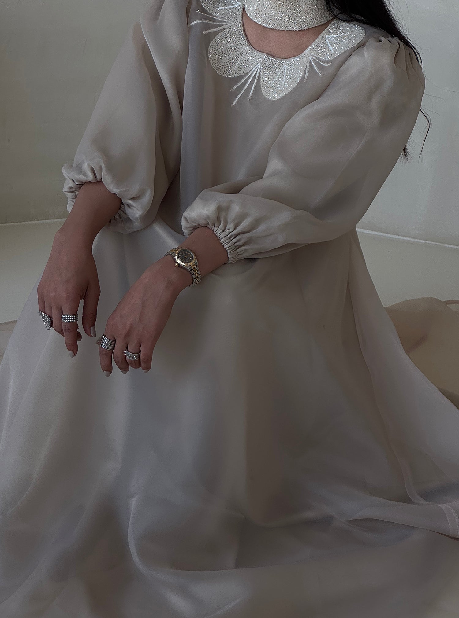 LS166 Beige Cloush Acut Modest Dress