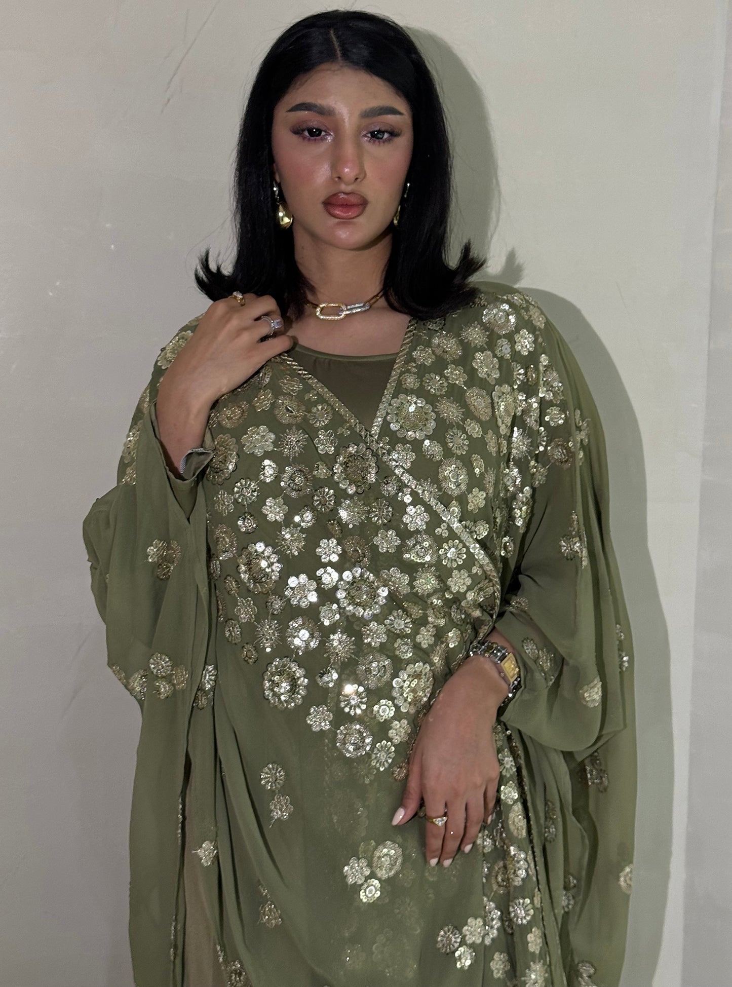 LS170 Mint Green Bisht Cut Evening Wear