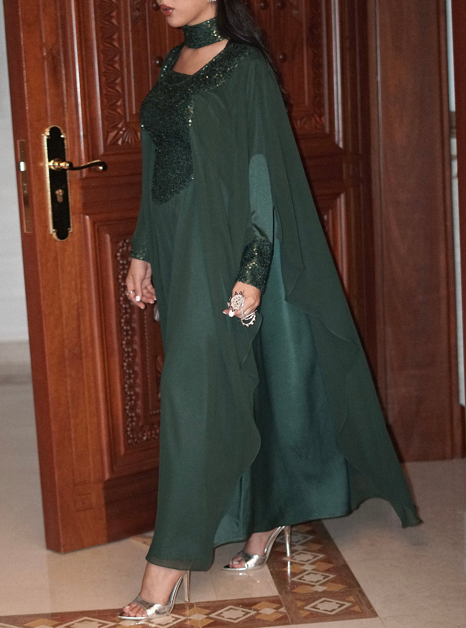 LS175 Green Half Bisht Cut Dress