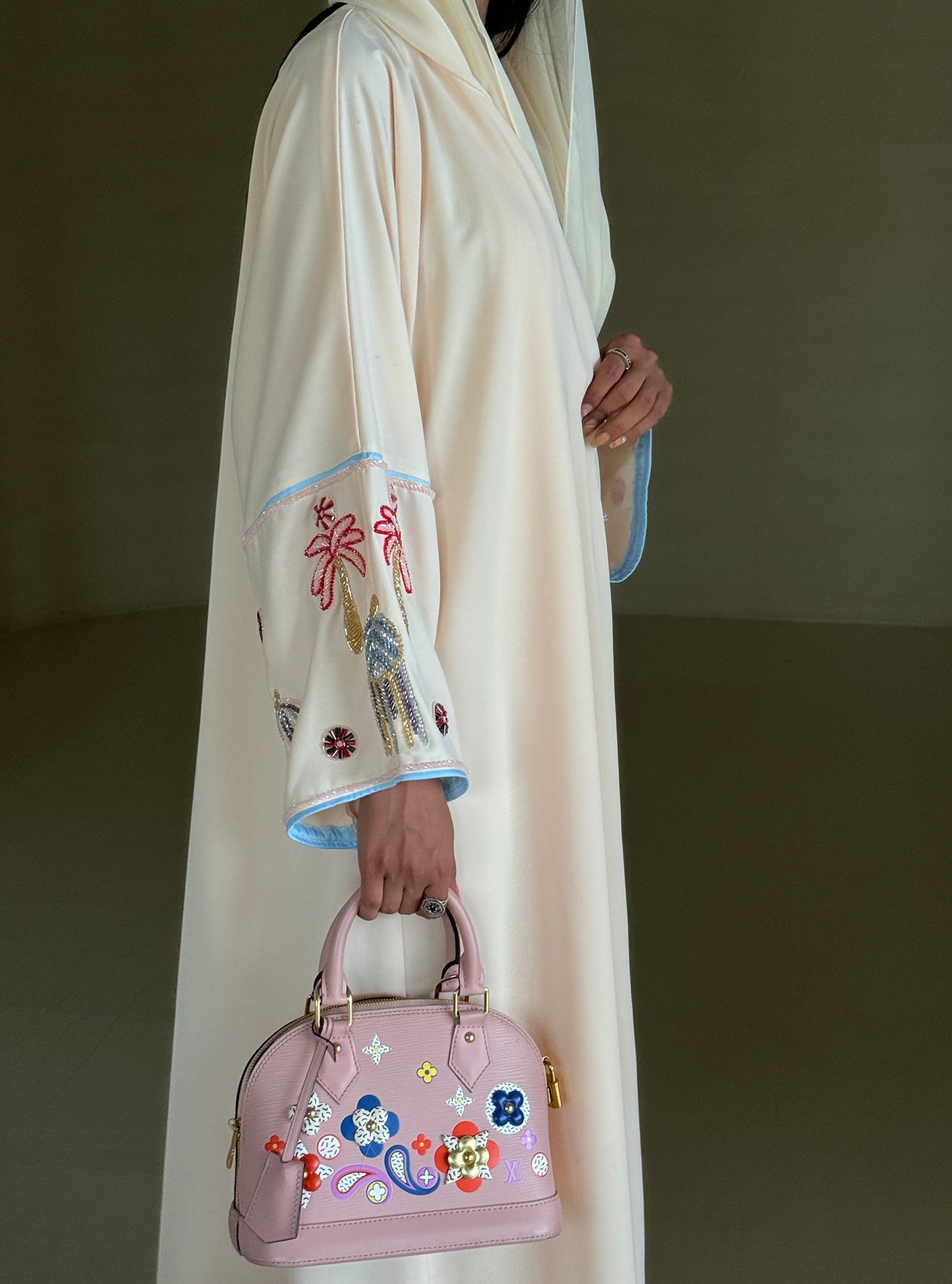 LS157 Beige  Acut Summary Embroidery Abaya