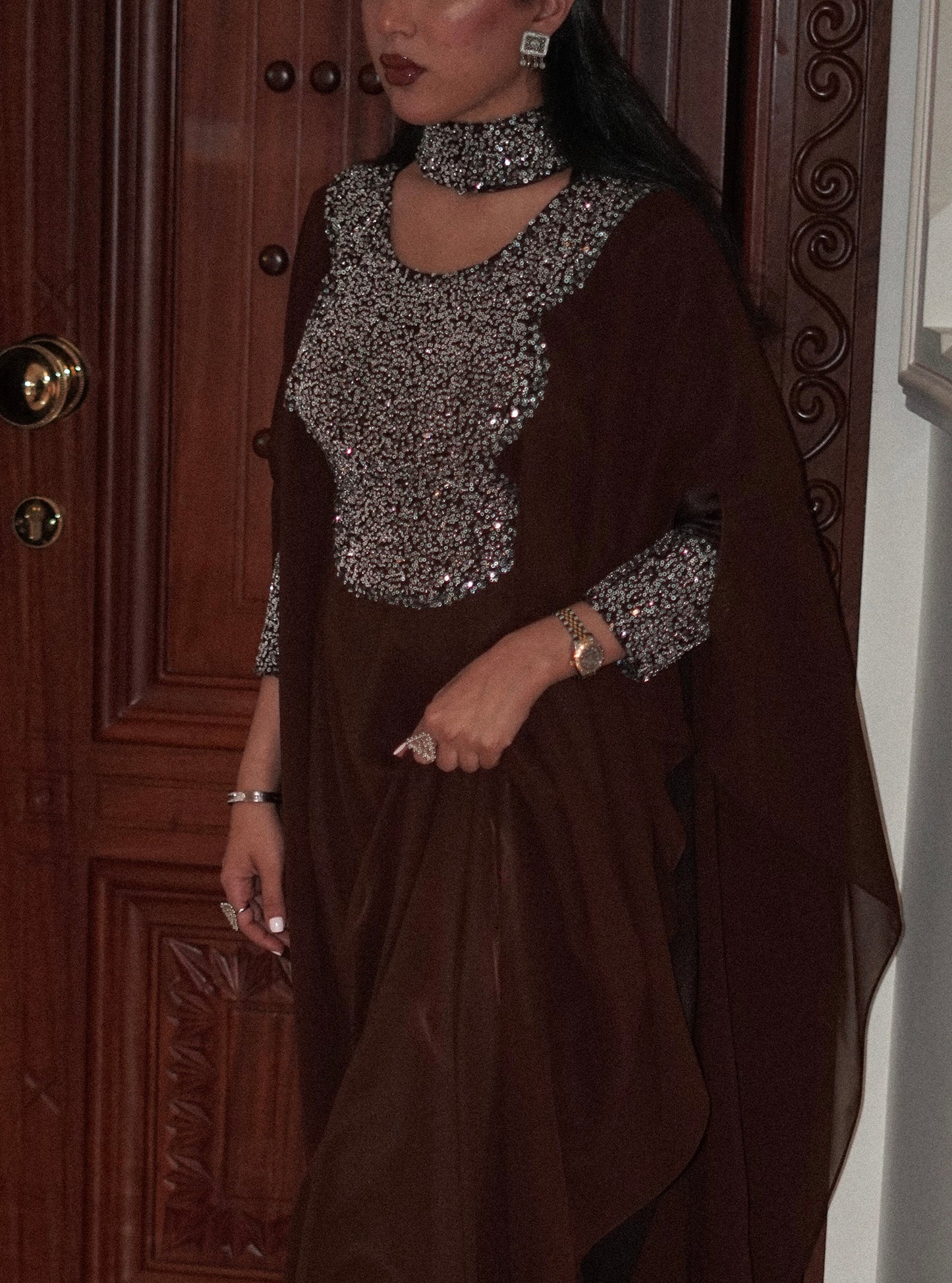 LS176 Dark Brown Half Bisht Dress