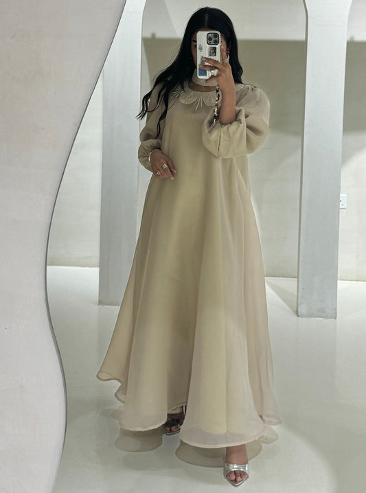 LS166 Beige Cloush Acut Modest Dress