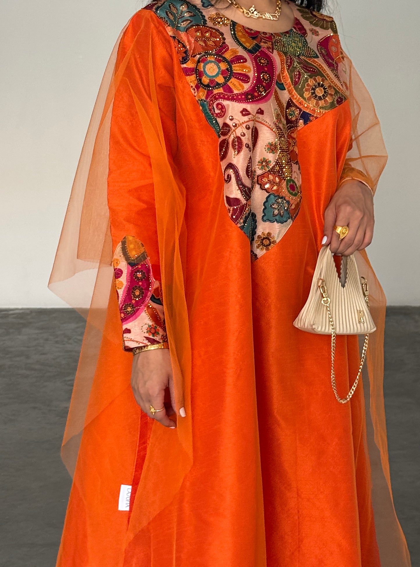 LS187 Orange Acut Modest Dress