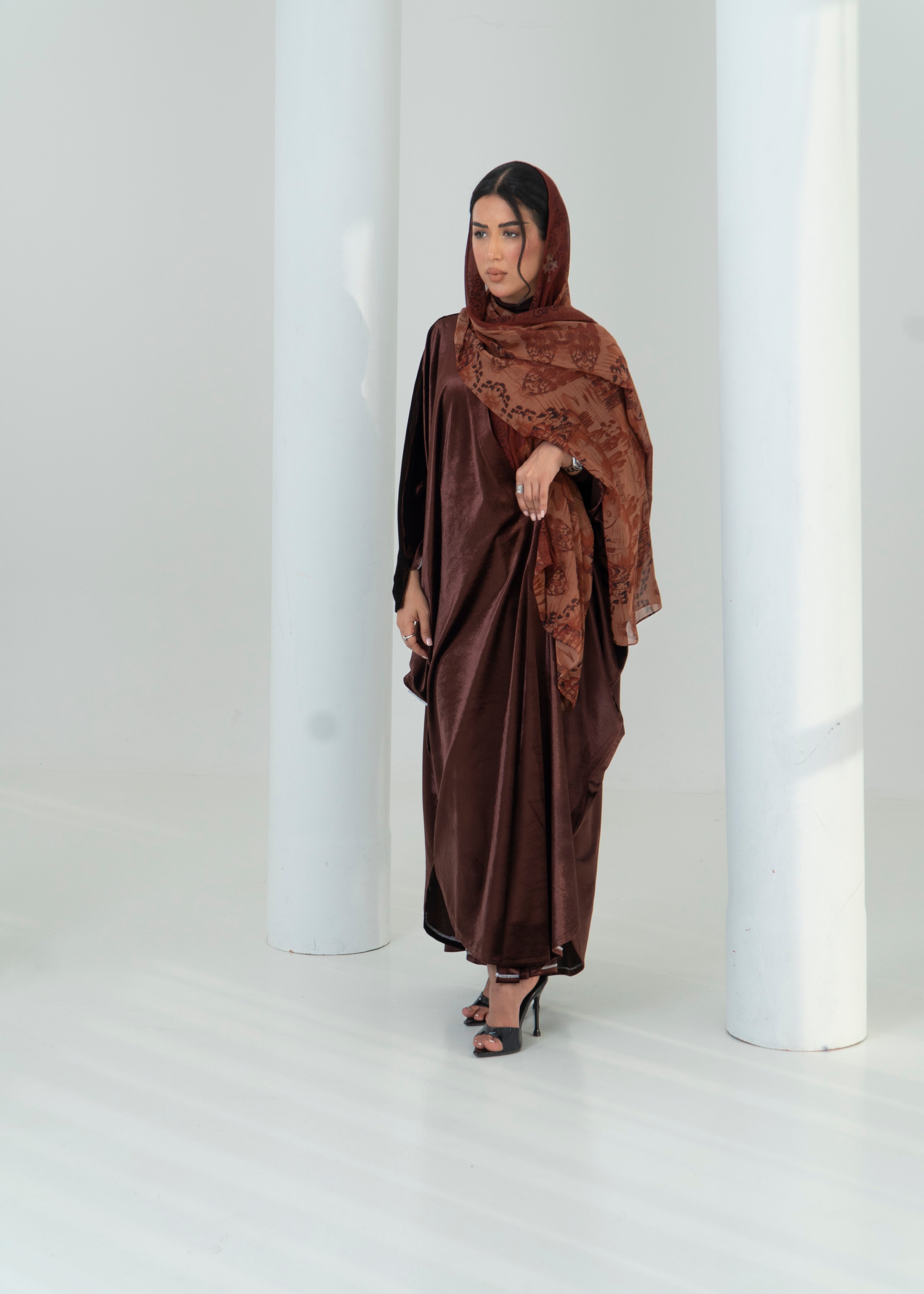 LS195 Brown Bisht Cut velvet Summer  Abaya