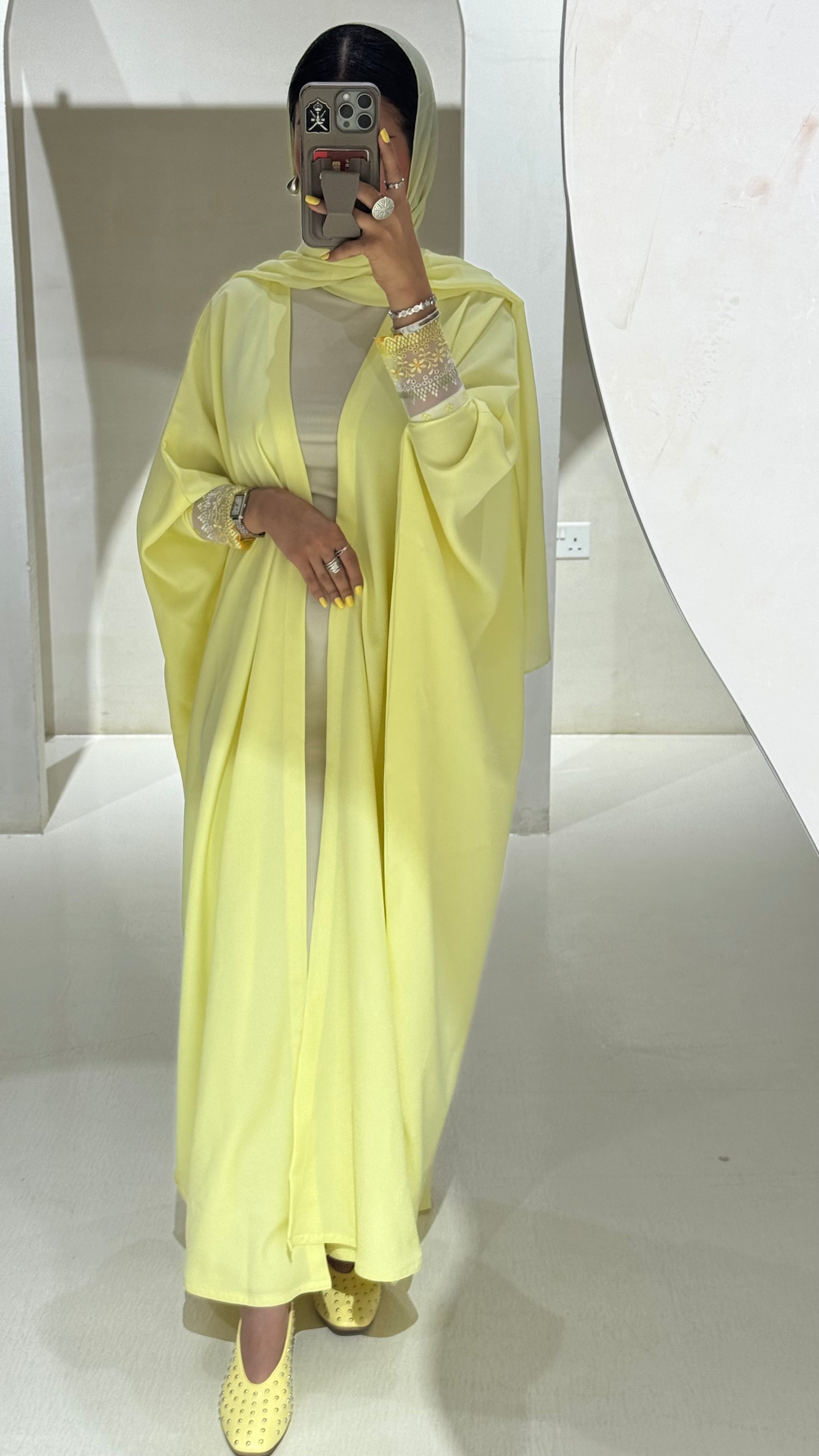 LS166 - Yellow  Bisht Cut Summer Abaya