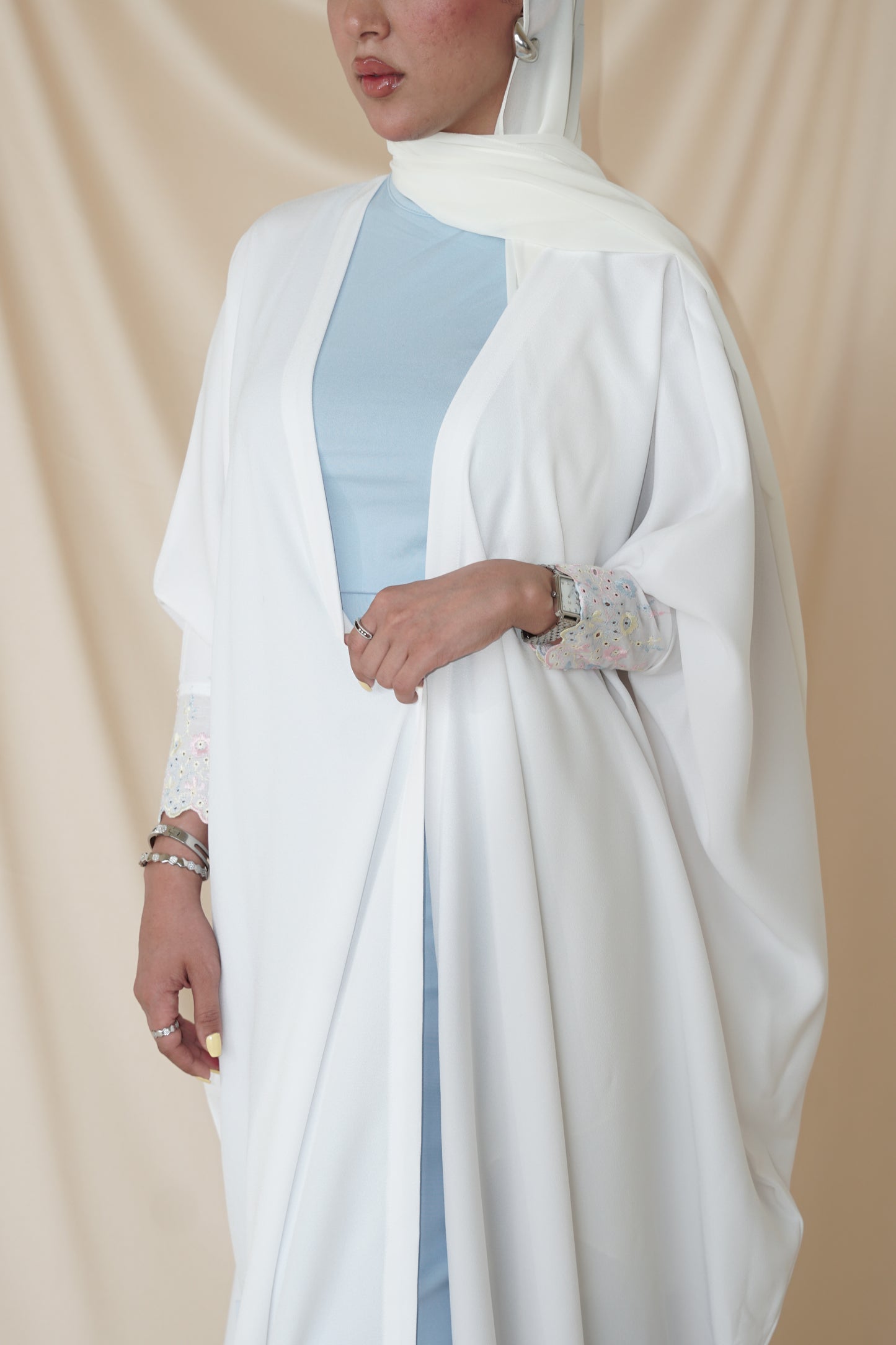 LS163 - white Bisht Cut Summer Abaya
