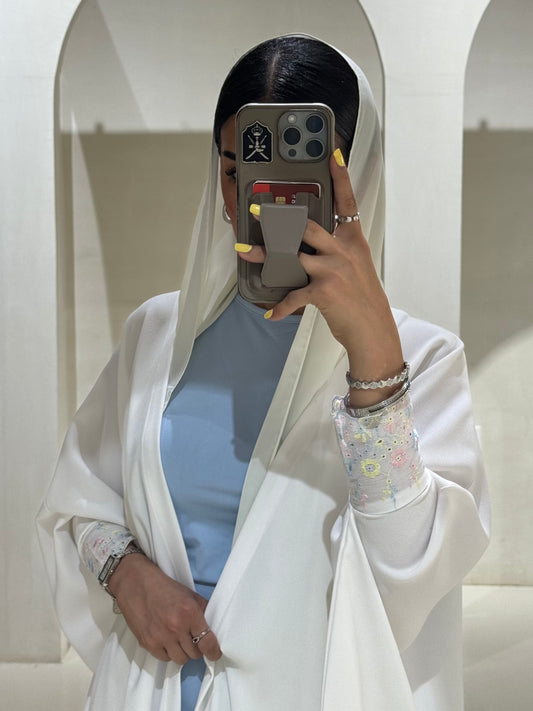 LS163 - white Bisht Cut Summer Abaya