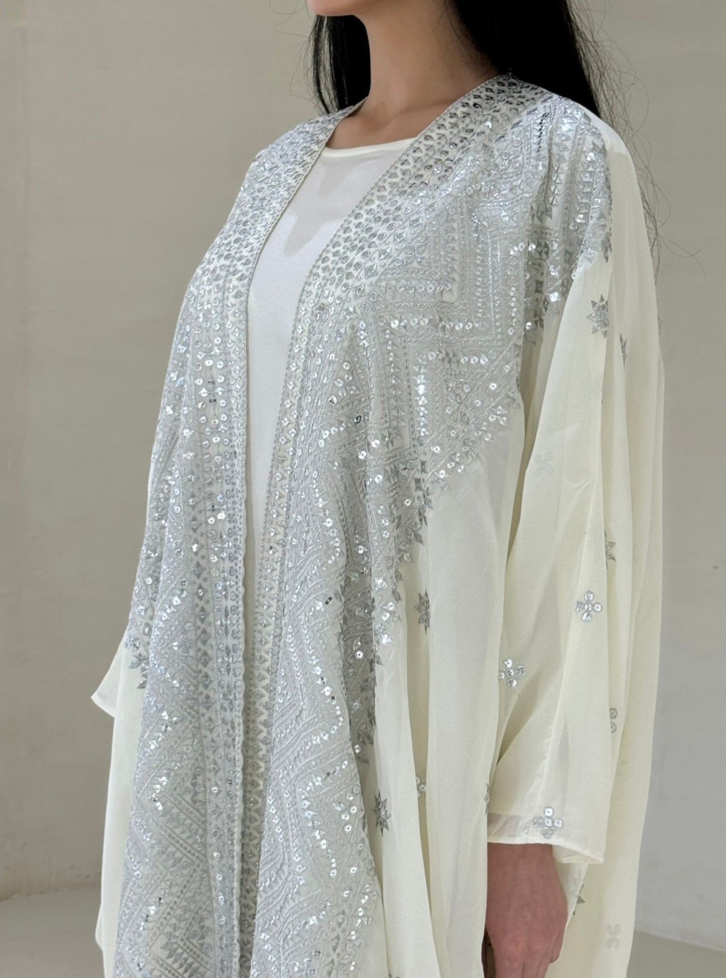 LS158 - Off white Bisht Cut Embroided Abaya