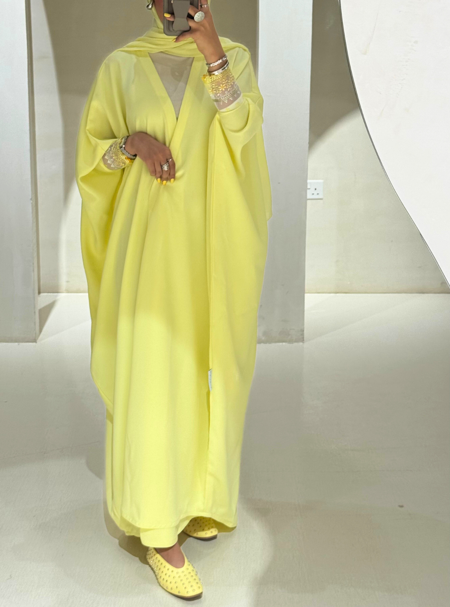 LS166 - Yellow  Bisht Cut Summer Abaya
