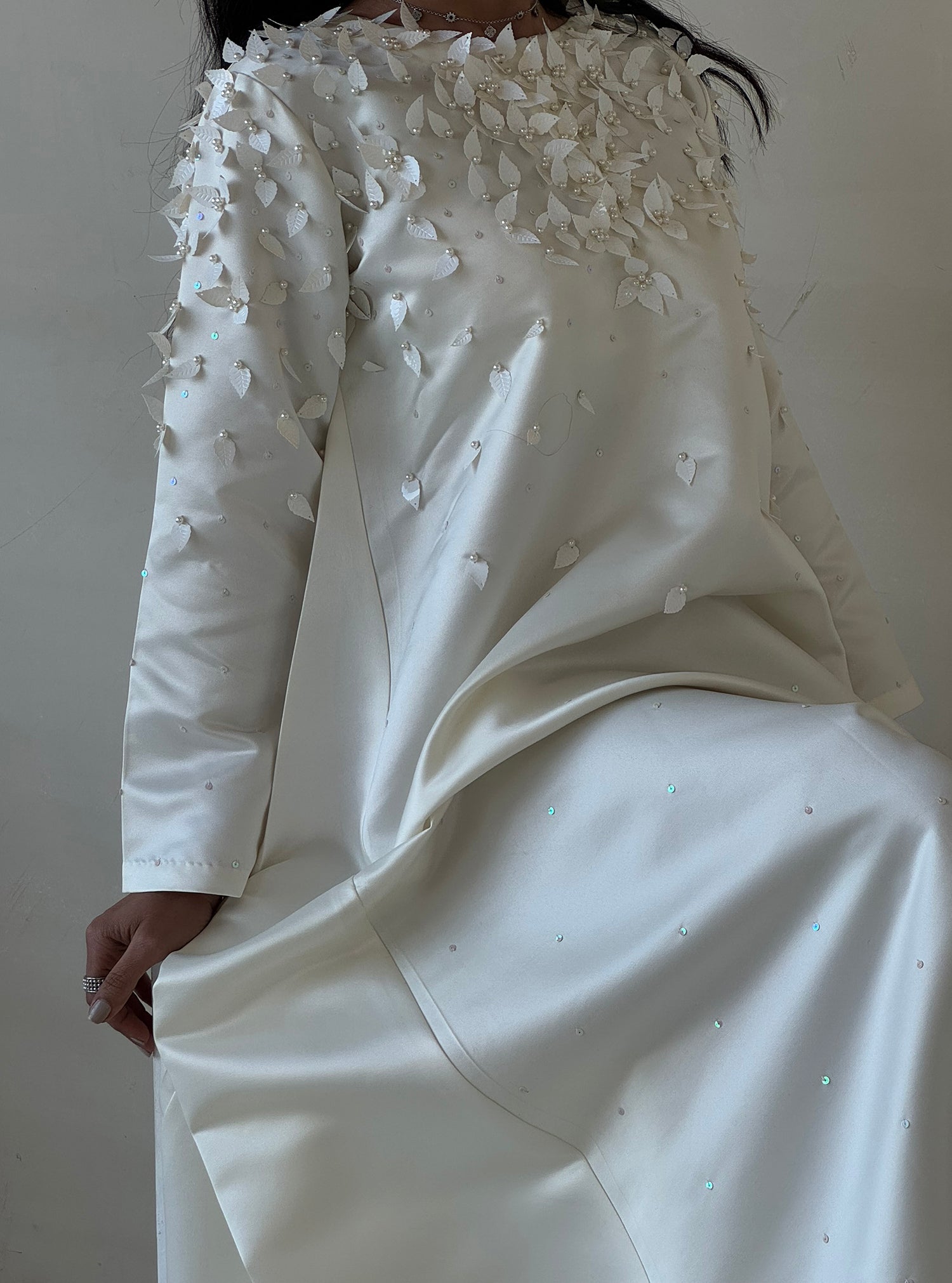 LS167 White Cloush Cut Modest Dress