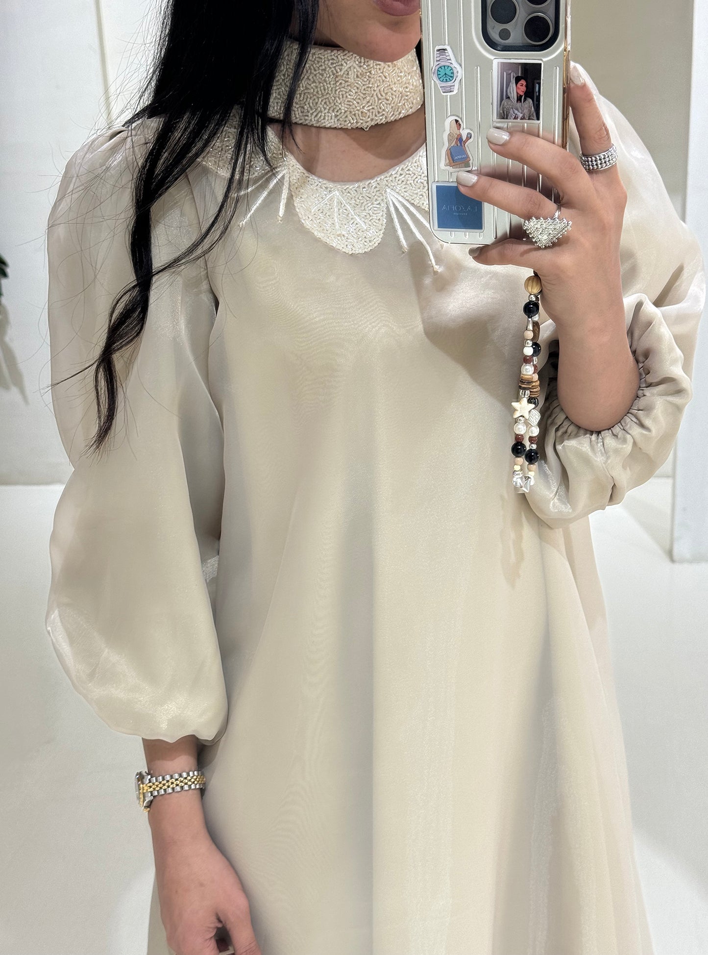 LS166 Beige Cloush Acut Modest Dress