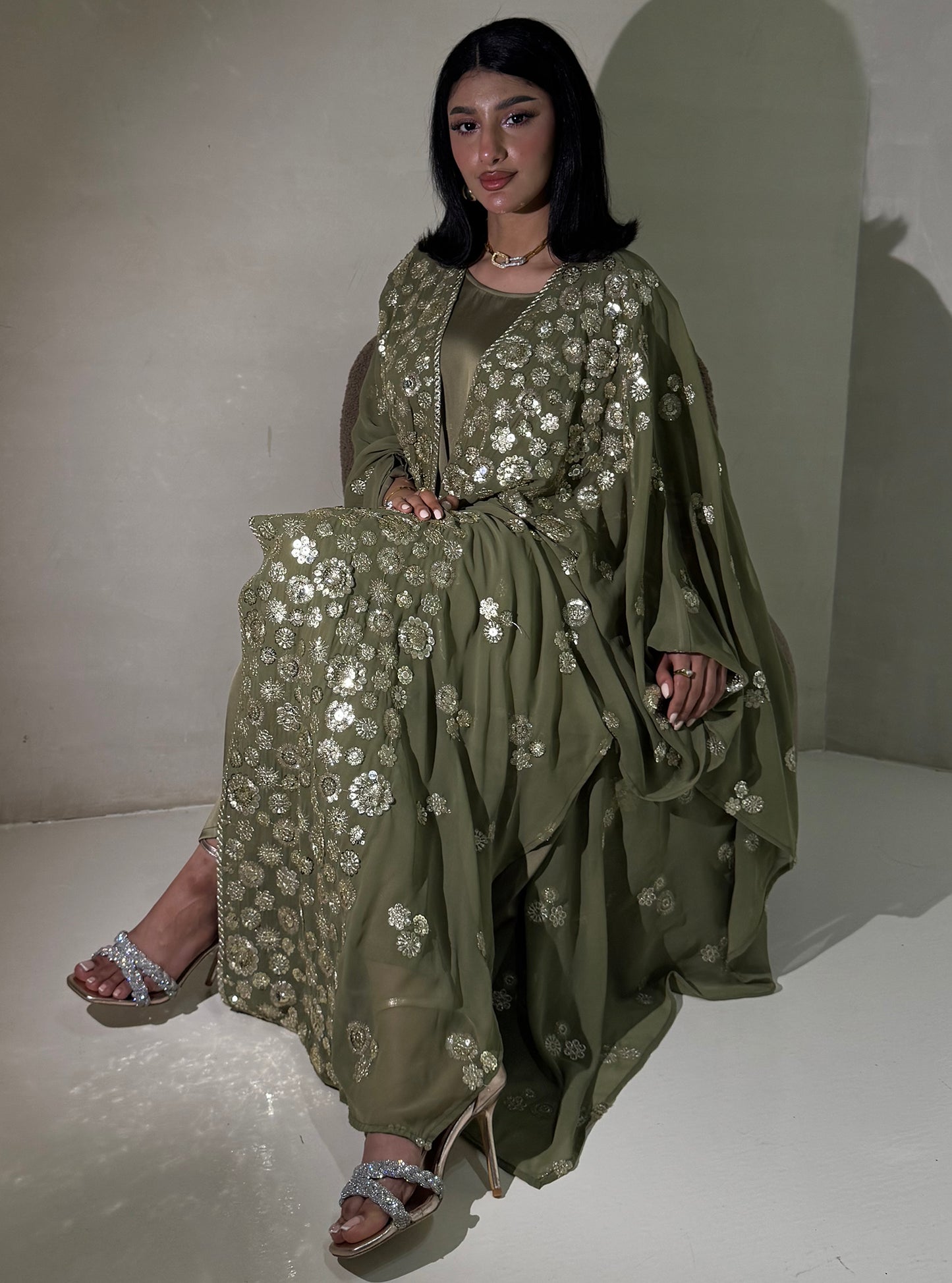 LS170 Mint Green Bisht Cut Evening Wear