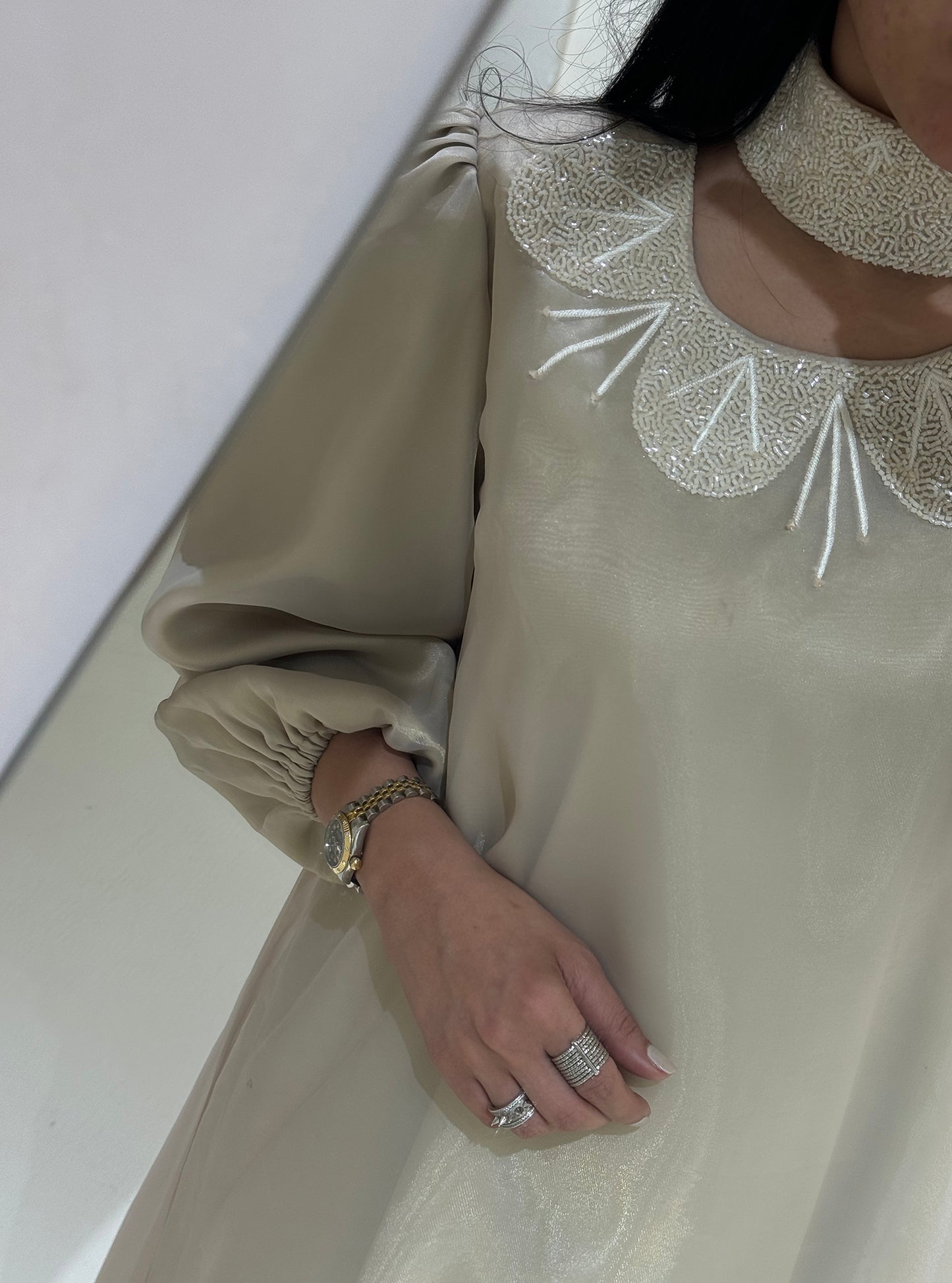 LS166 Beige Cloush Acut Modest Dress