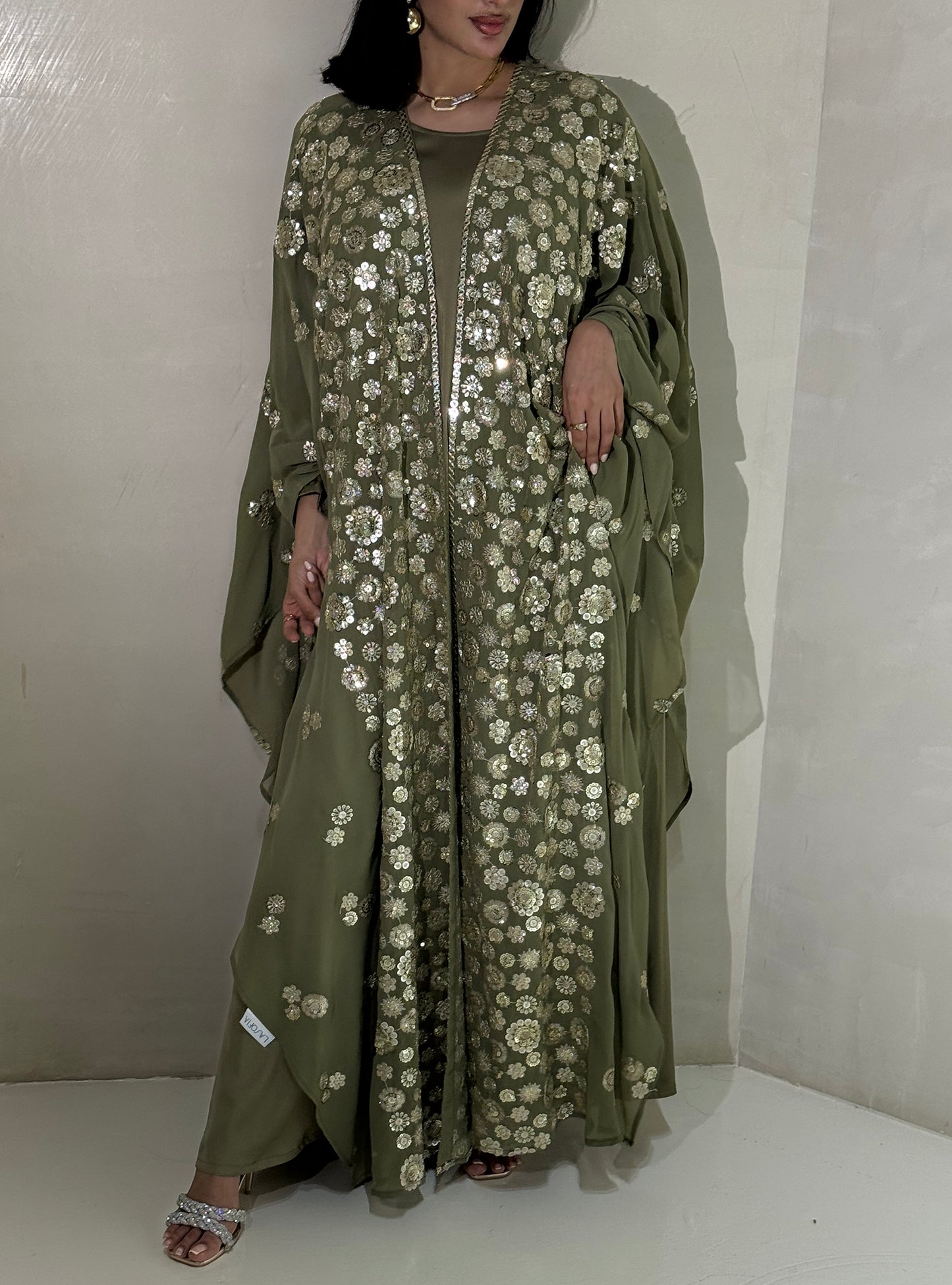 LS170 Mint Green Bisht Cut Evening Wear