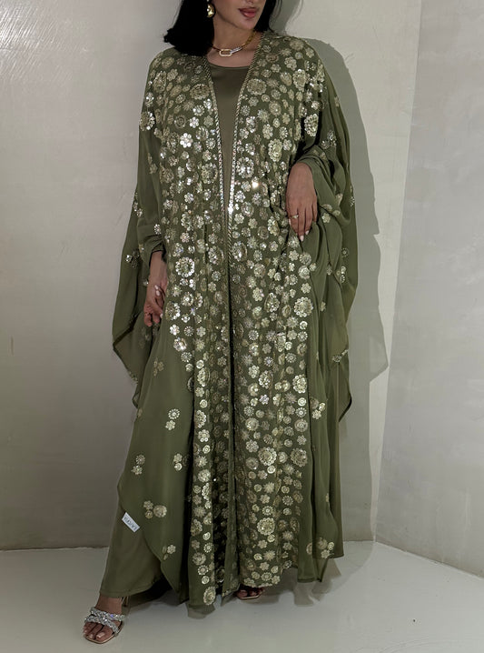 LS170 Mint Green Bisht Cut Evening Wear
