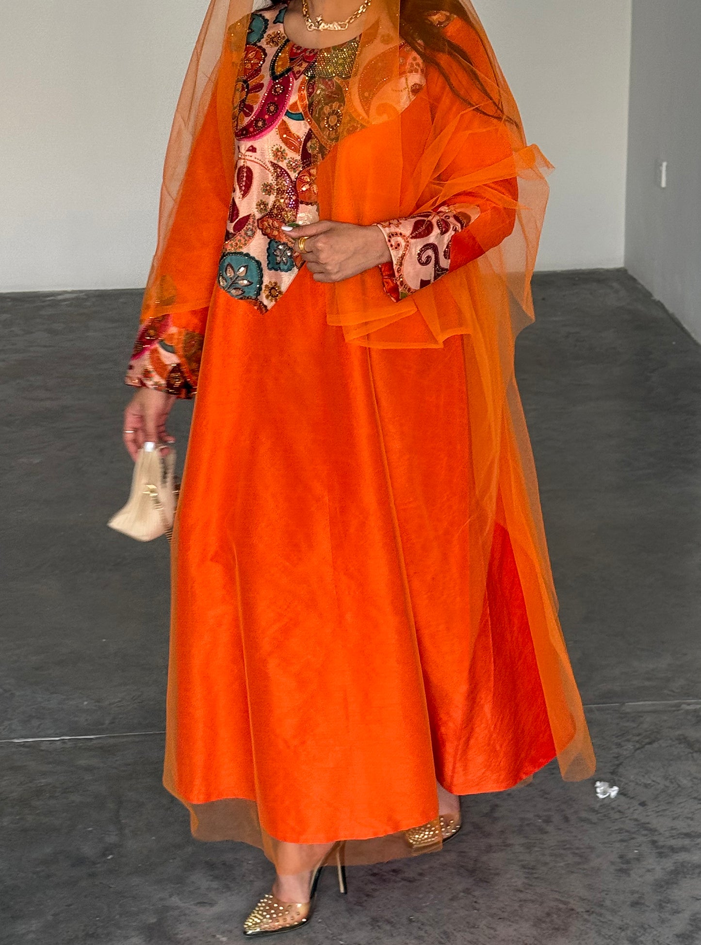 LS187 Orange Acut Modest Dress