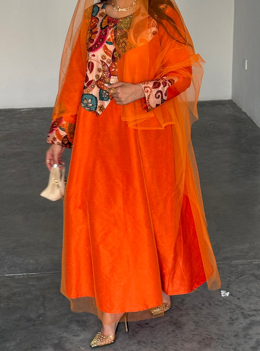 LS187 Orange Acut Modest Dress