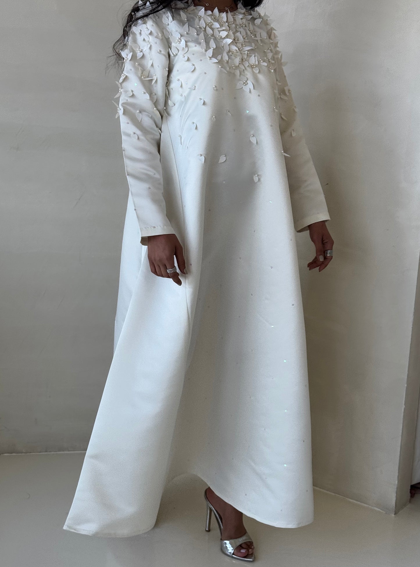 LS167 White Cloush Cut Modest Dress
