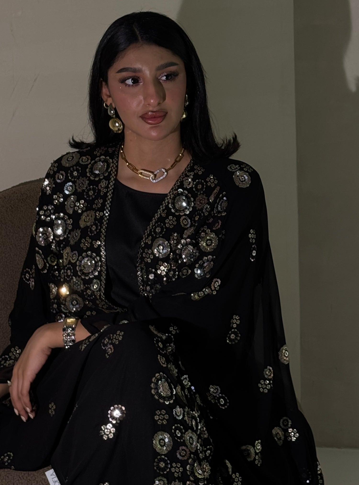 LS171 Black Bisht Cut Evening Wear