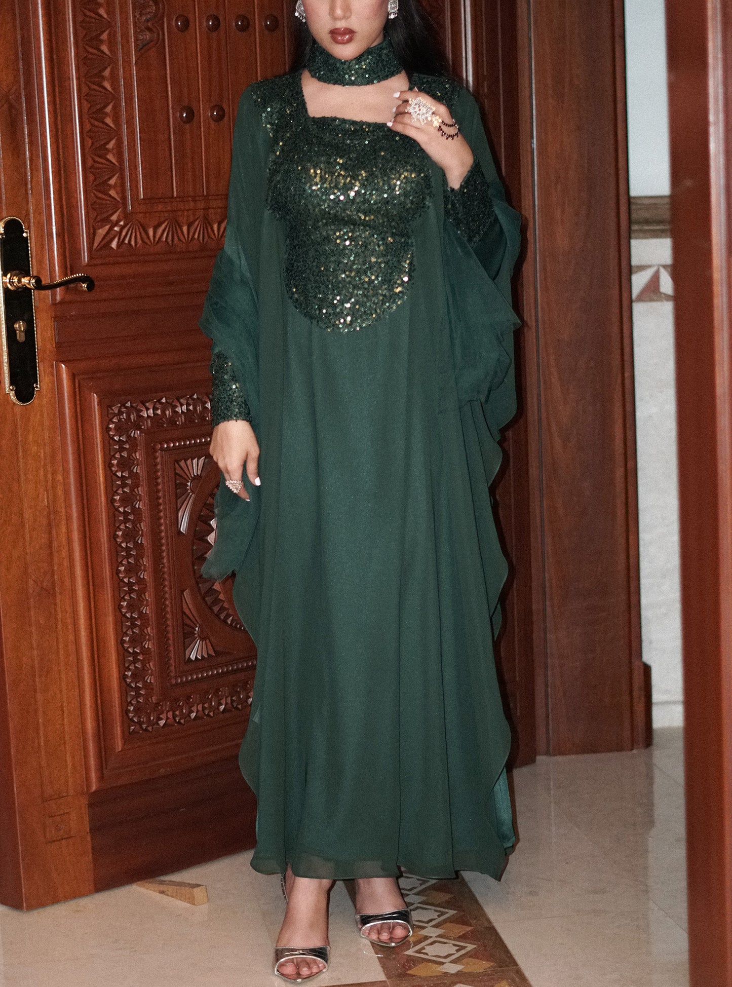 LS175 Green Half Bisht Cut Dress