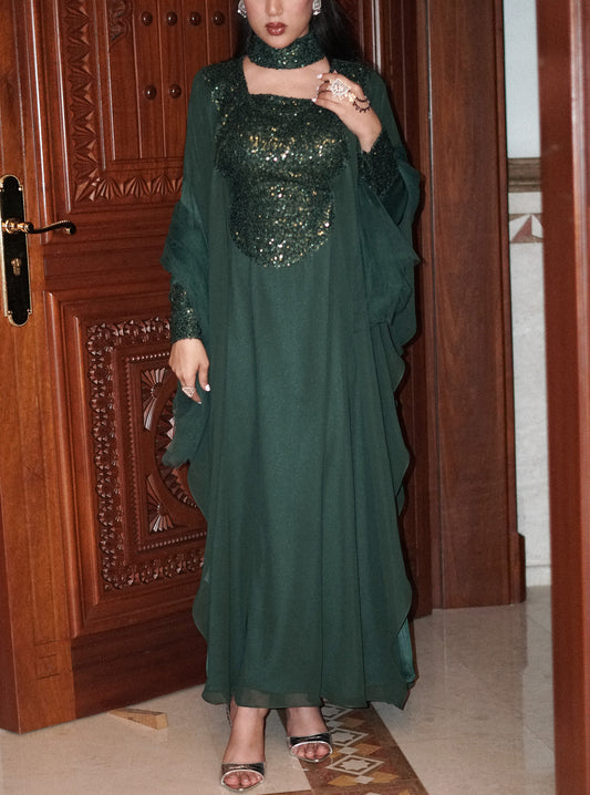 LS175 Green Half Bisht Cut Dress