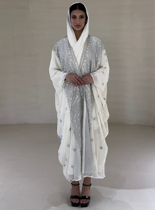 LS158 - Off white Bisht Cut Embroided Abaya
