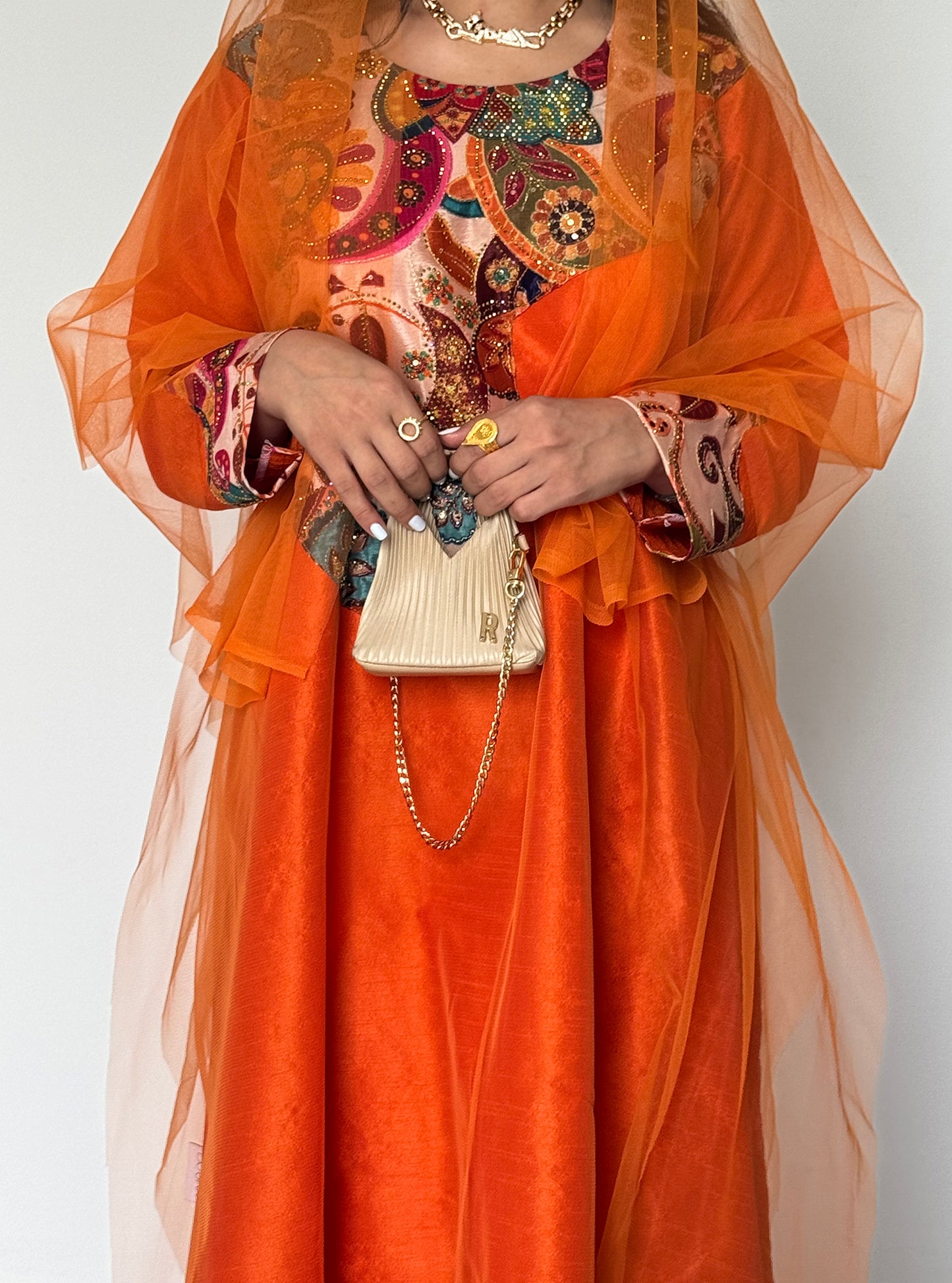 LS187 Orange Acut Modest Dress