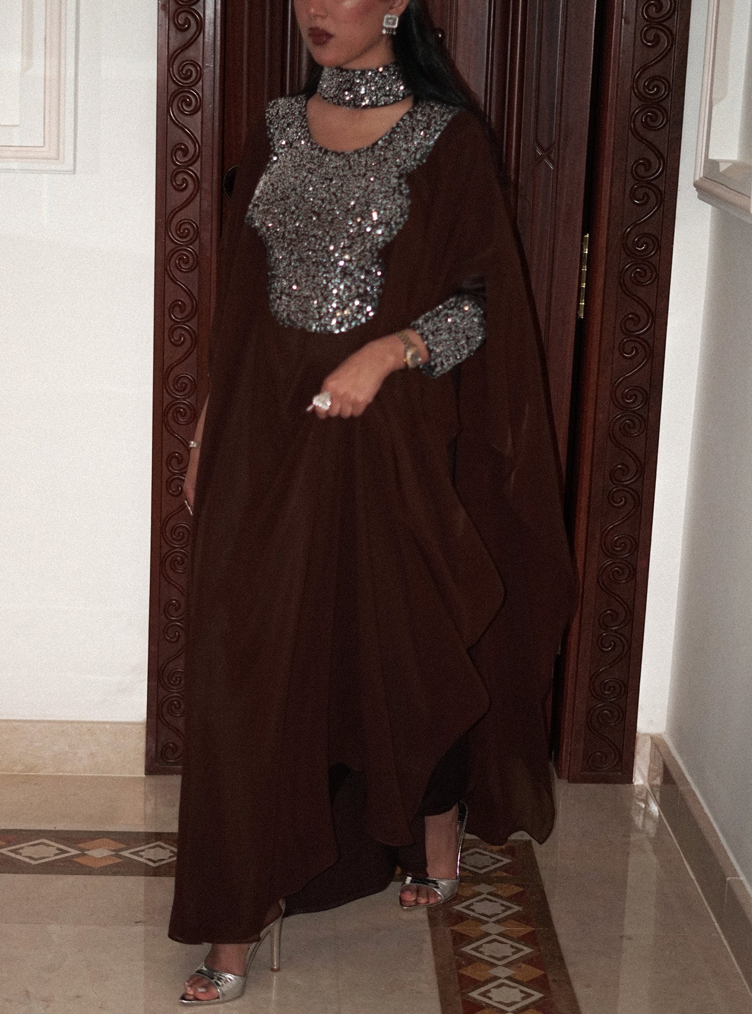 LS176 Dark Brown Half Bisht Dress