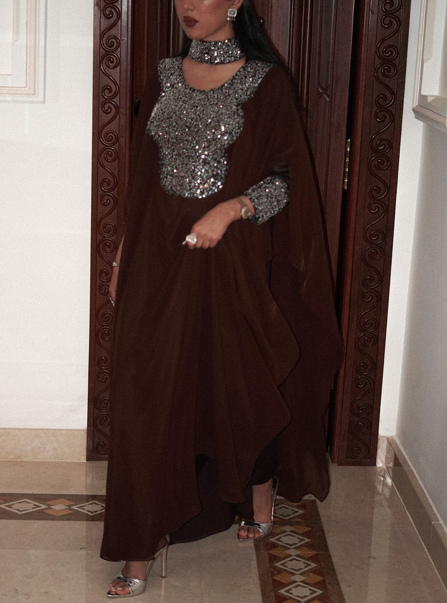 LS176 Dark Brown Half Bisht Dress
