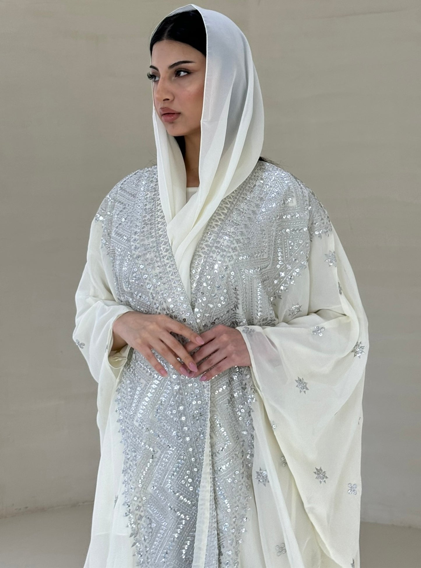 LS158 - Off white Bisht Cut Embroided Abaya