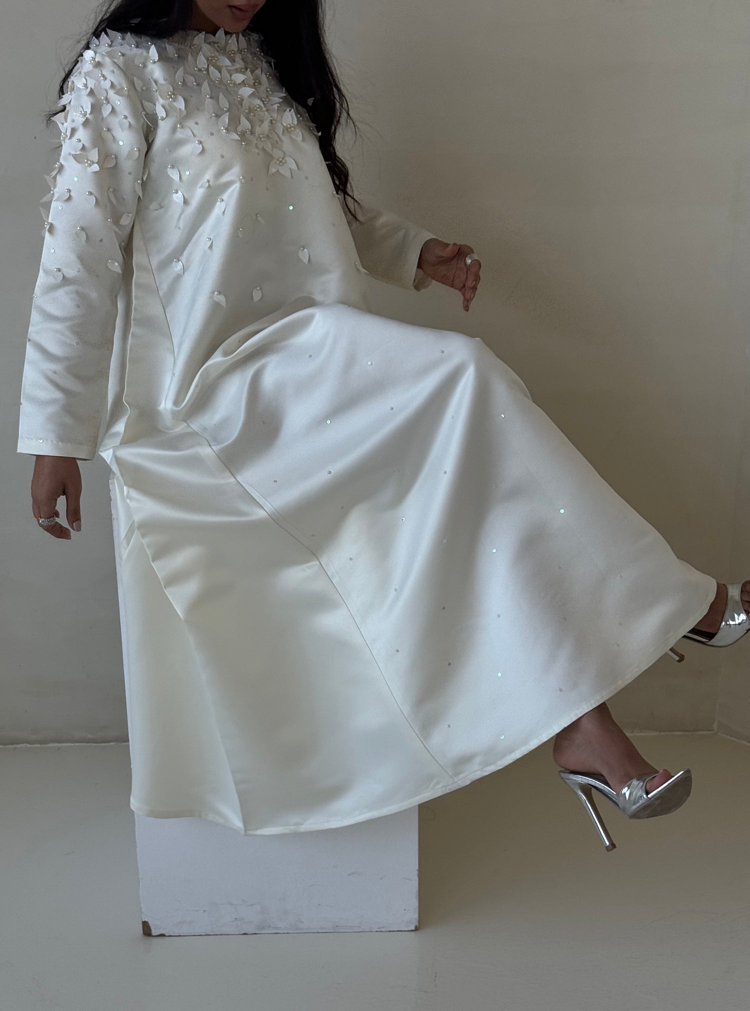 LS167 White Cloush Cut Modest Dress