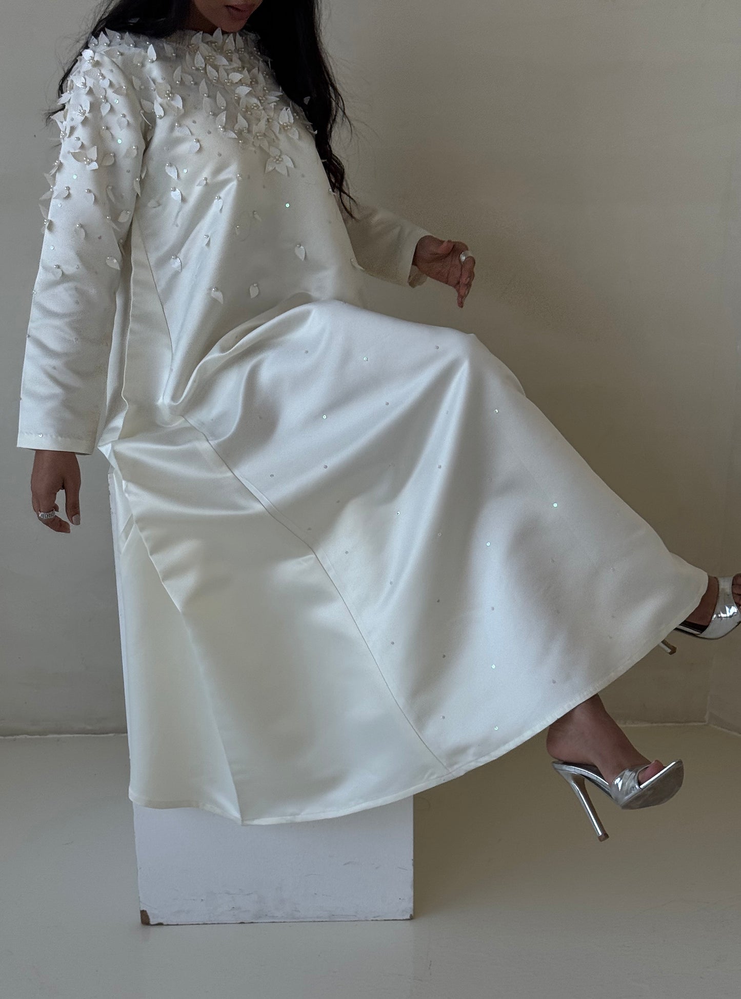 LS167 White Cloush Cut Modest Dress