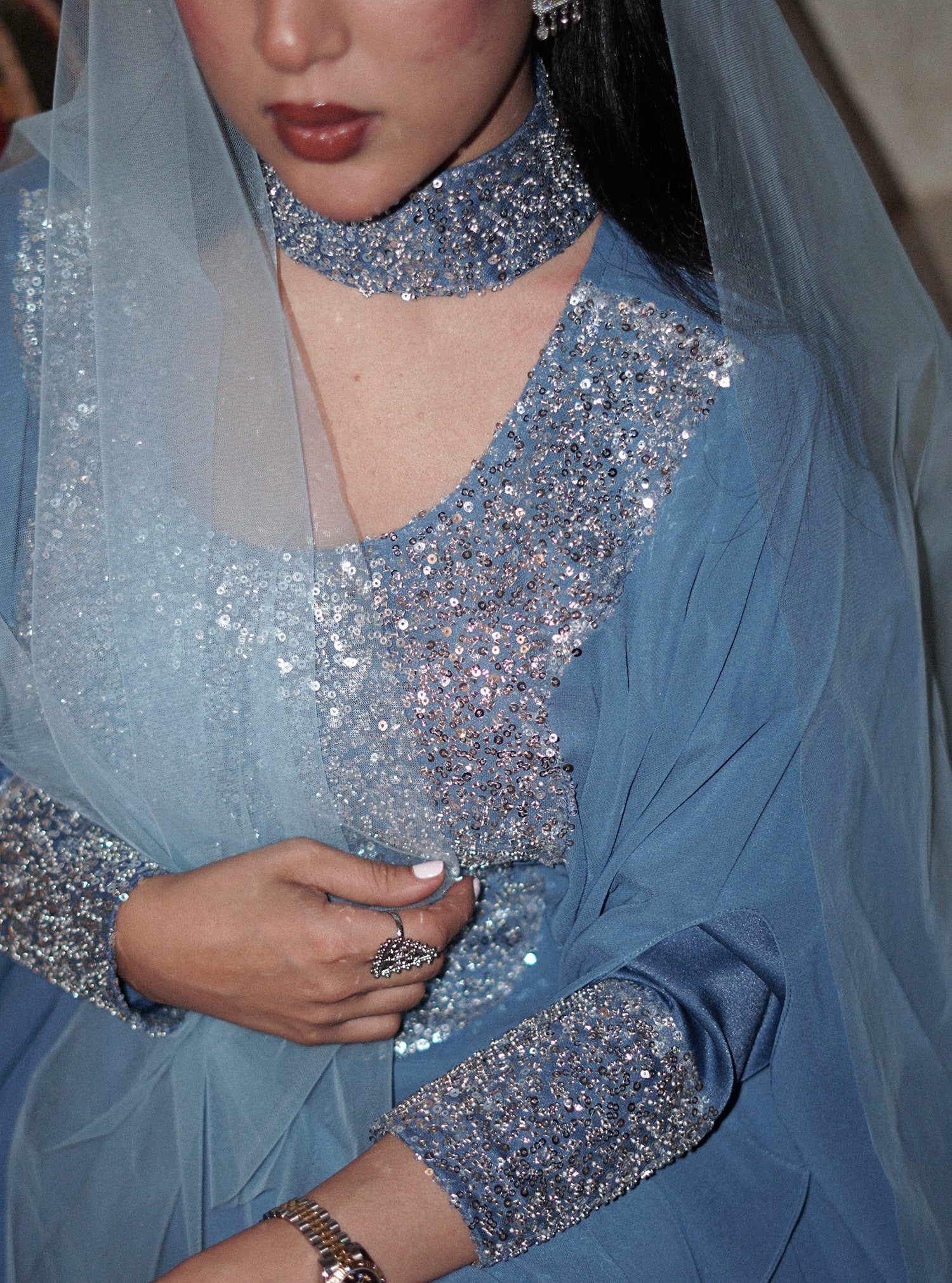 LS177 Blue Half Bisht Modest Dress