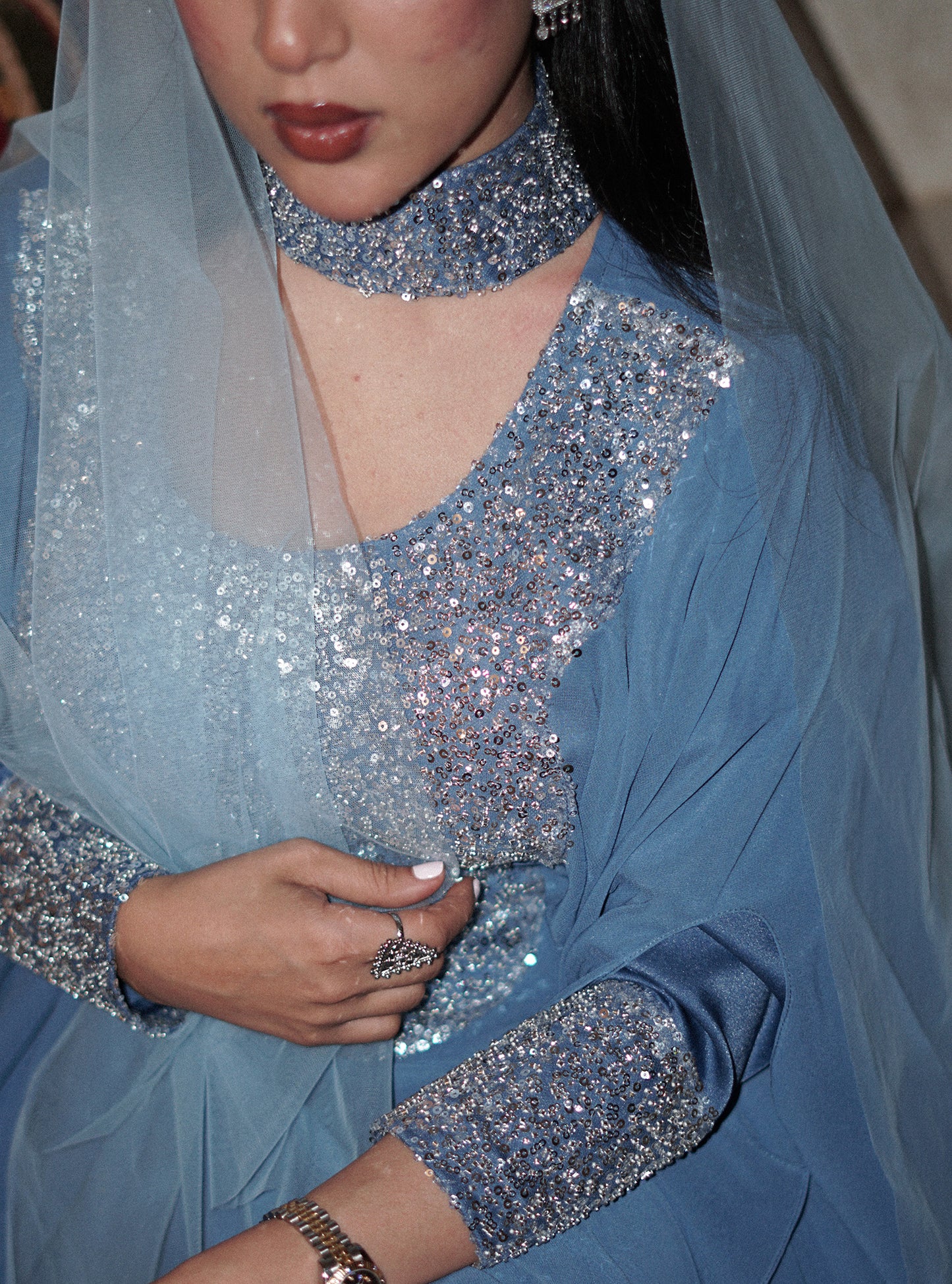 LS177 Blue Half Bisht Modest Dress